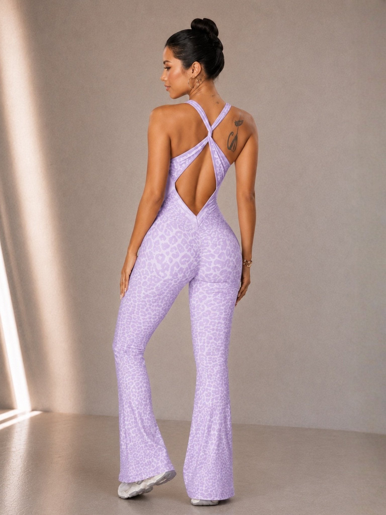 Vintage Leopard Flare Jumpsuit (Wild Lilac) - Fitness Fashioness