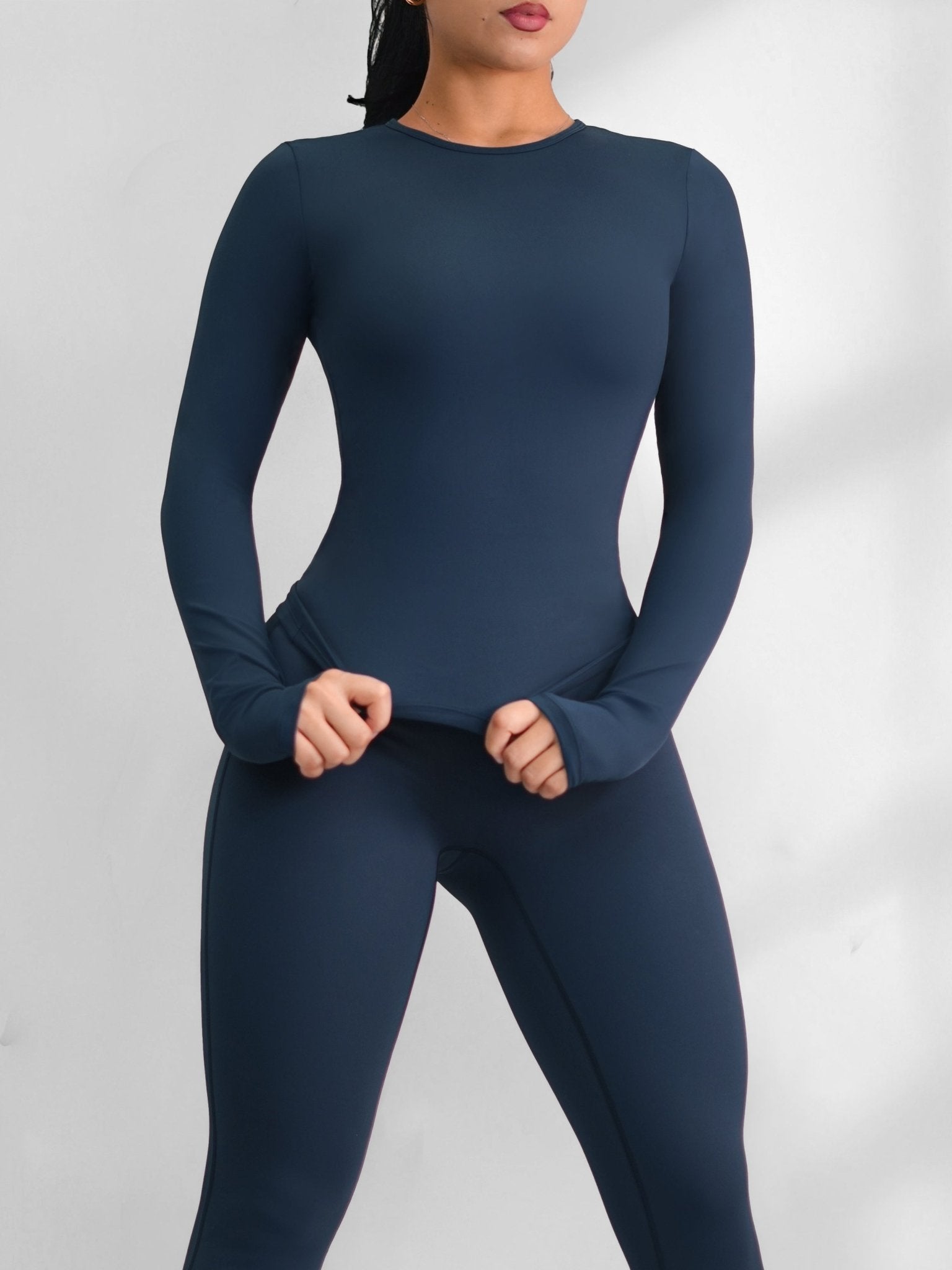 Yoga Compression Long Sleeve Top (Navy Blue) - Fitness Fashioness