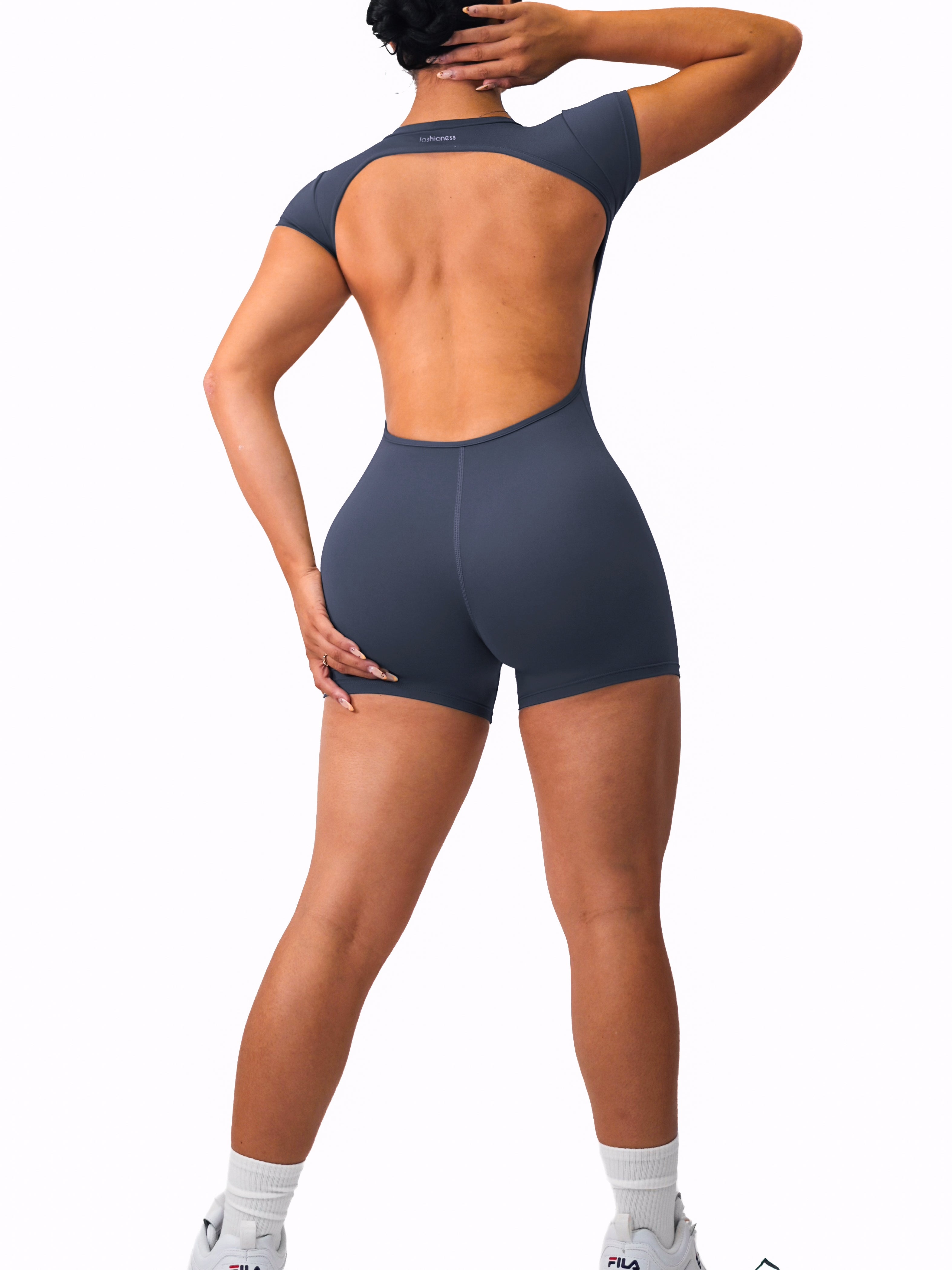 Backless Short Sleeve Short Romper (Charcoal)