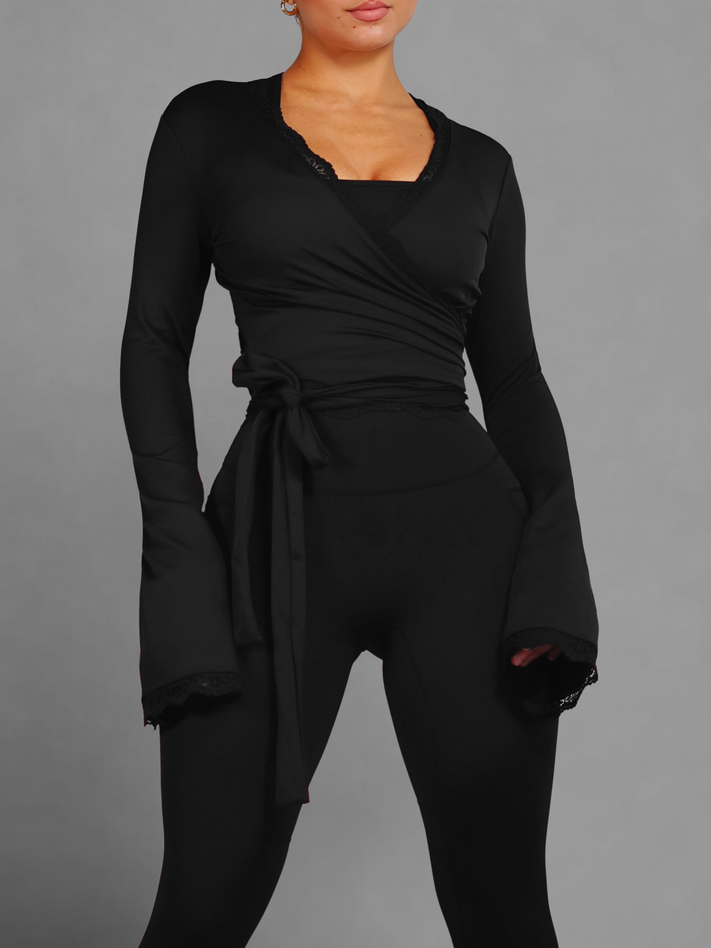 Embrace Flared Long Sleeve Lace Wrap Top (Black)
