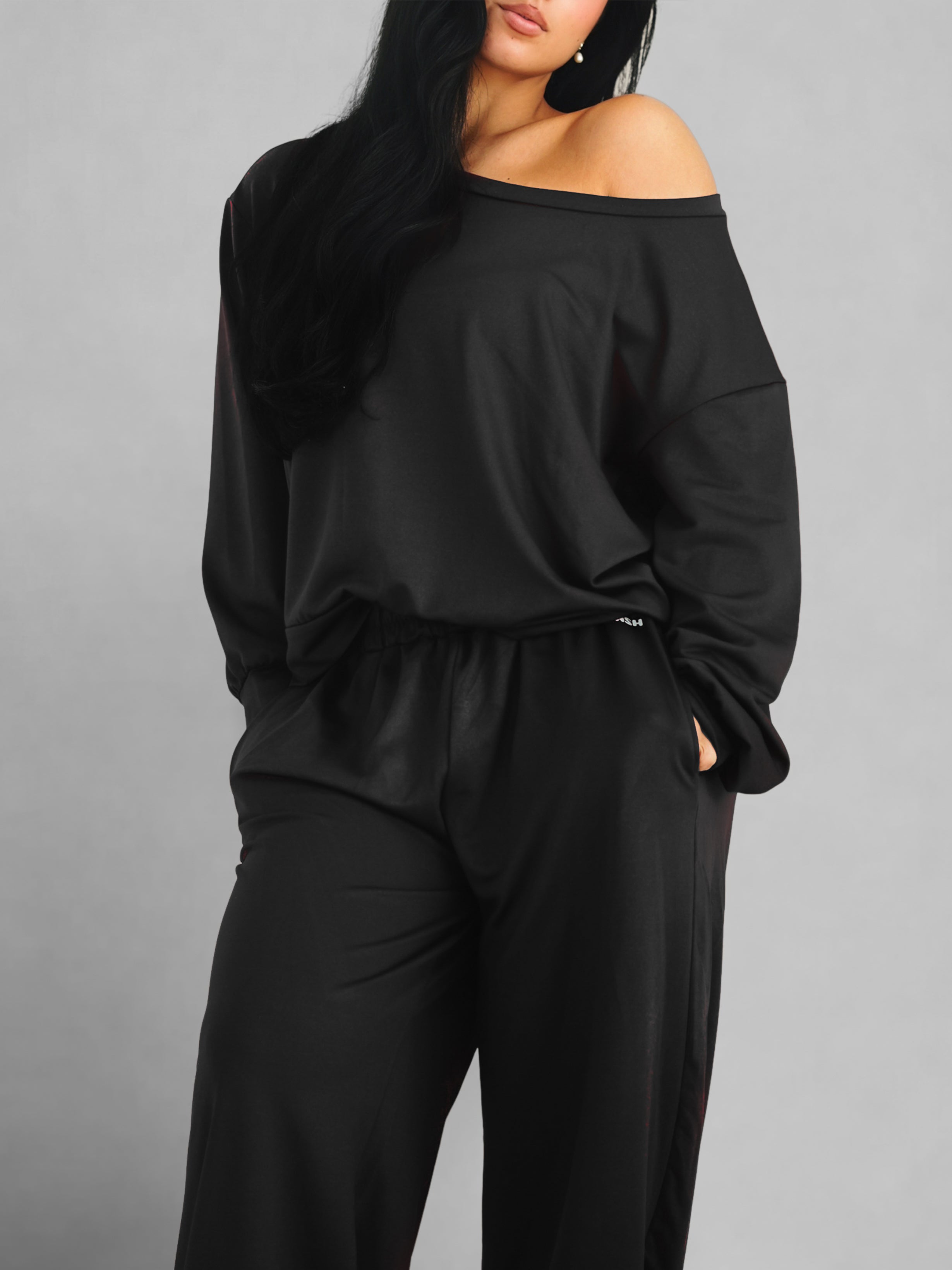 Sloping Shoulder Long Sleeve Top (Black)