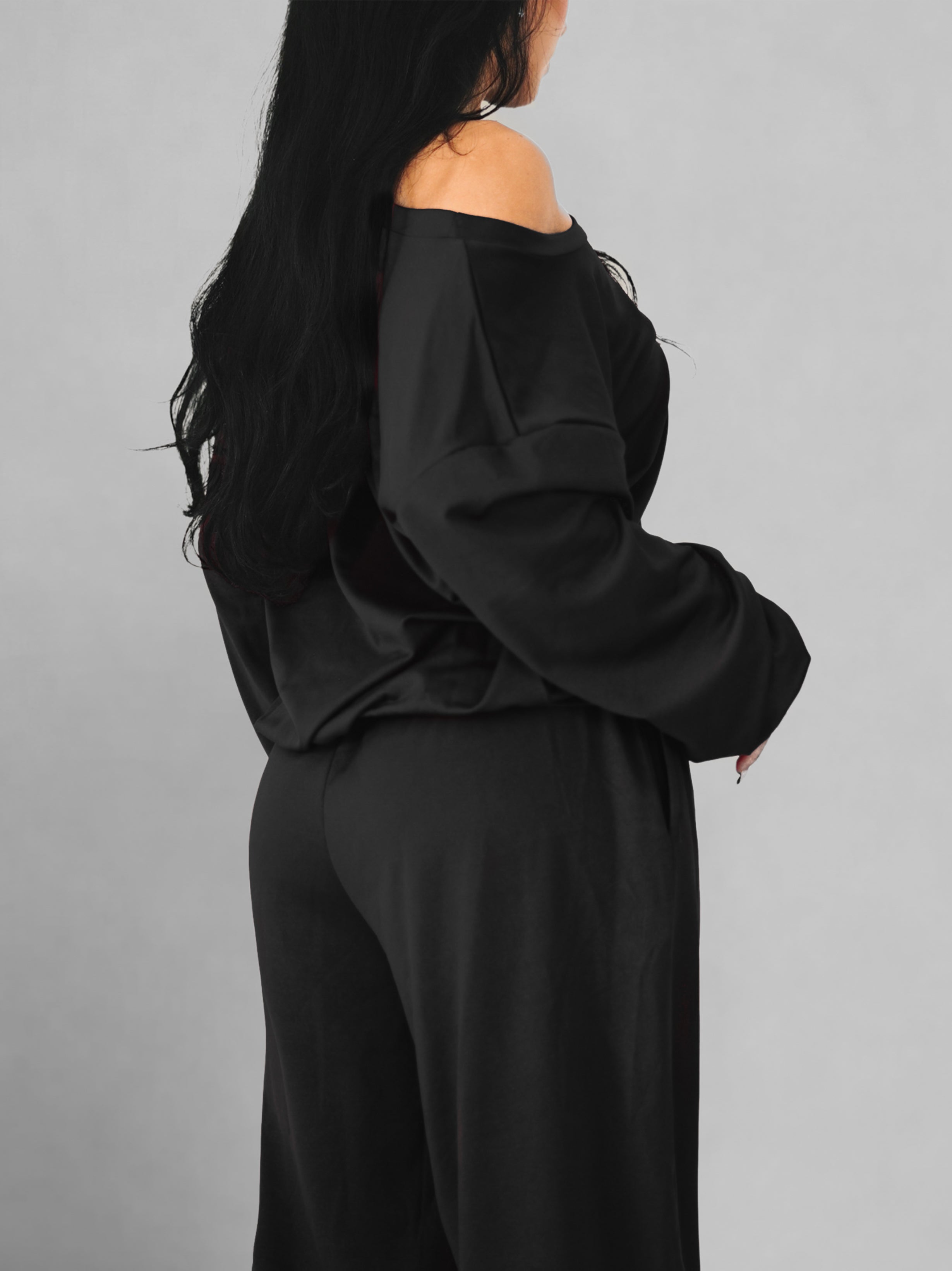 Sloping Shoulder Long Sleeve Top (Black)