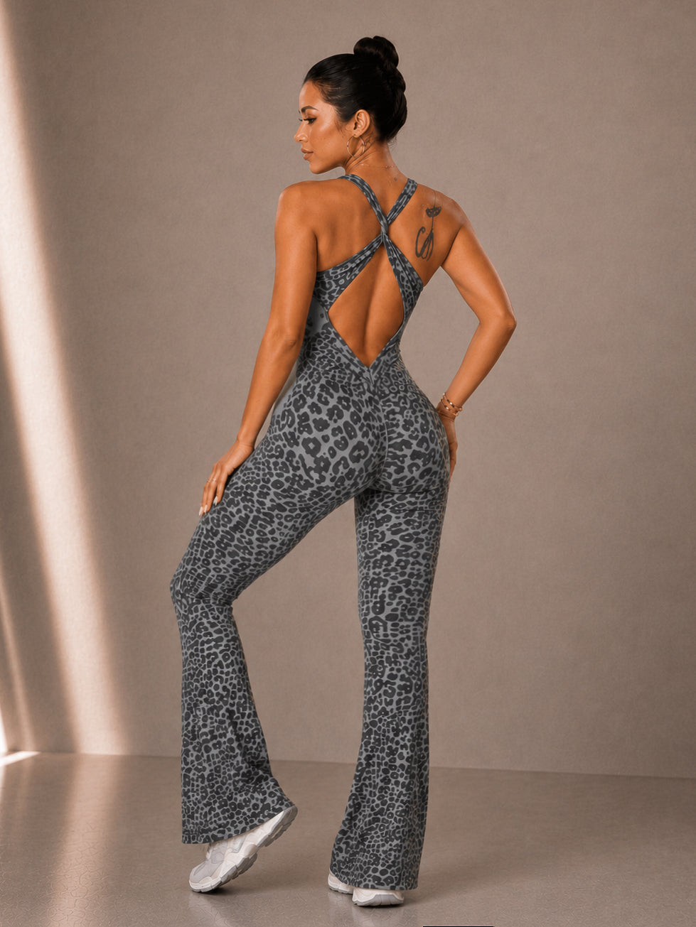 Vintage Leopard Flare Jumpsuit (Gray)