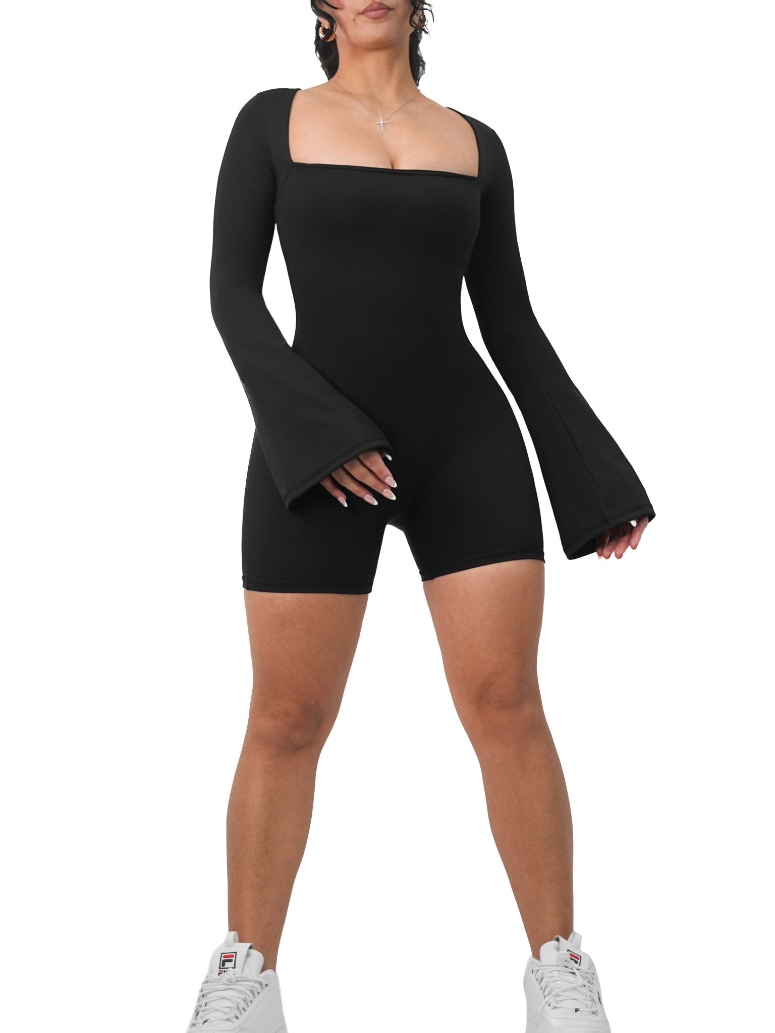 American Doll Flared Long Sleeve Short Romper (Black) - Fitness Fashioness
