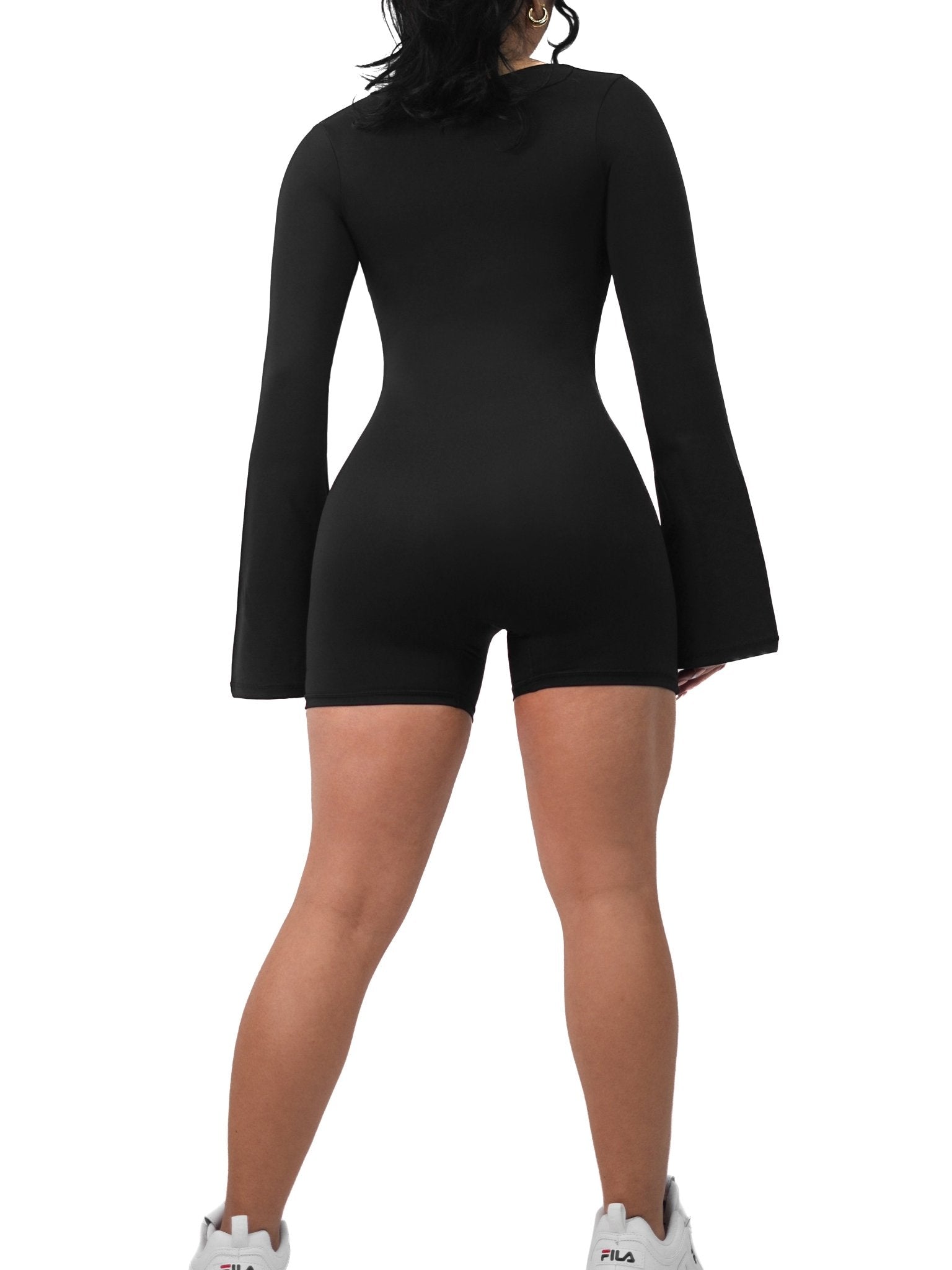 American Doll Flared Long Sleeve Short Romper (Black) - Fitness Fashioness