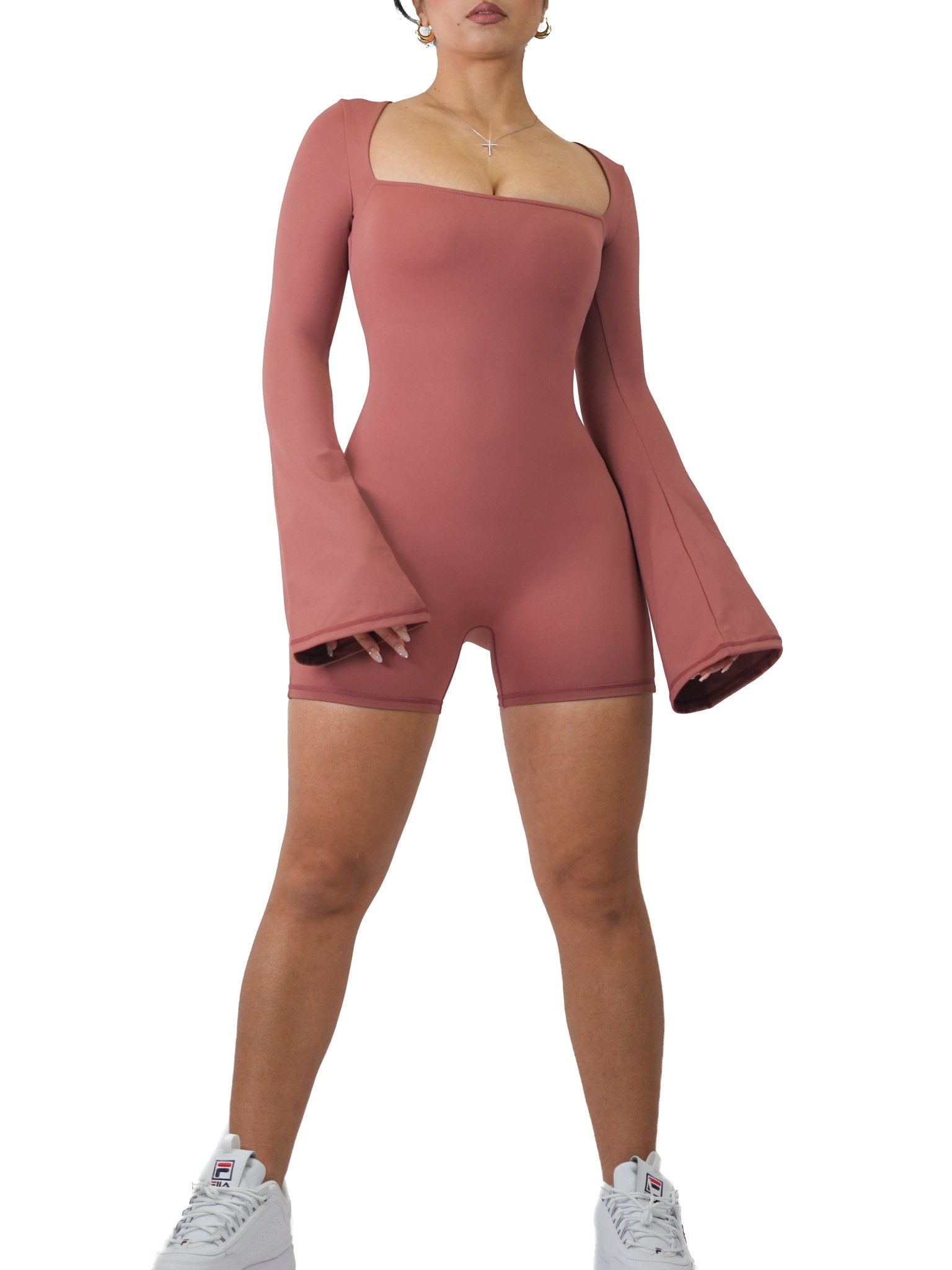 American Doll Flared Long Sleeve Short Romper (Blush Red) - Fitness Fashioness