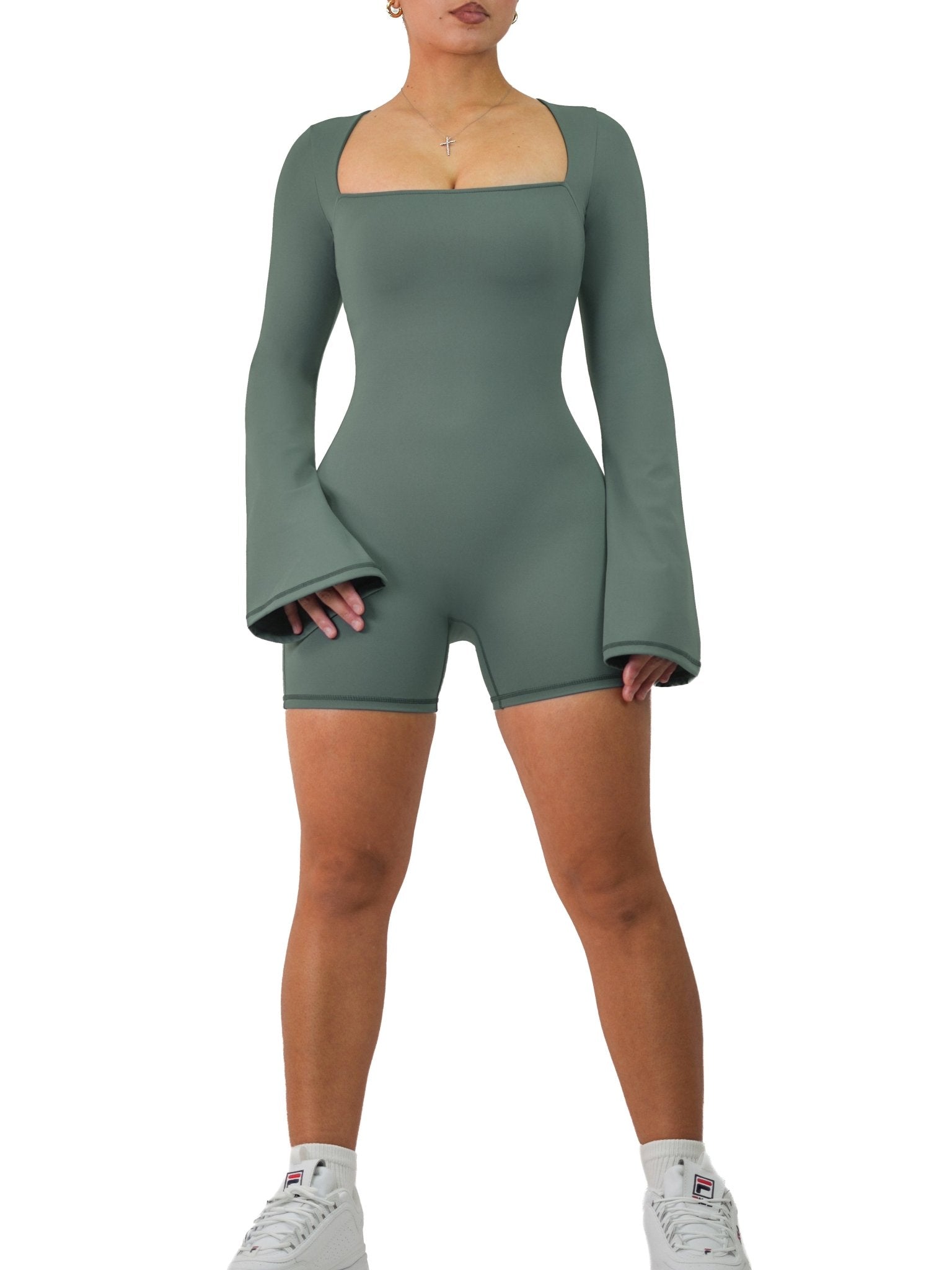 American Doll Flared Long Sleeve Short Romper (Stone Green) - Fitness Fashioness