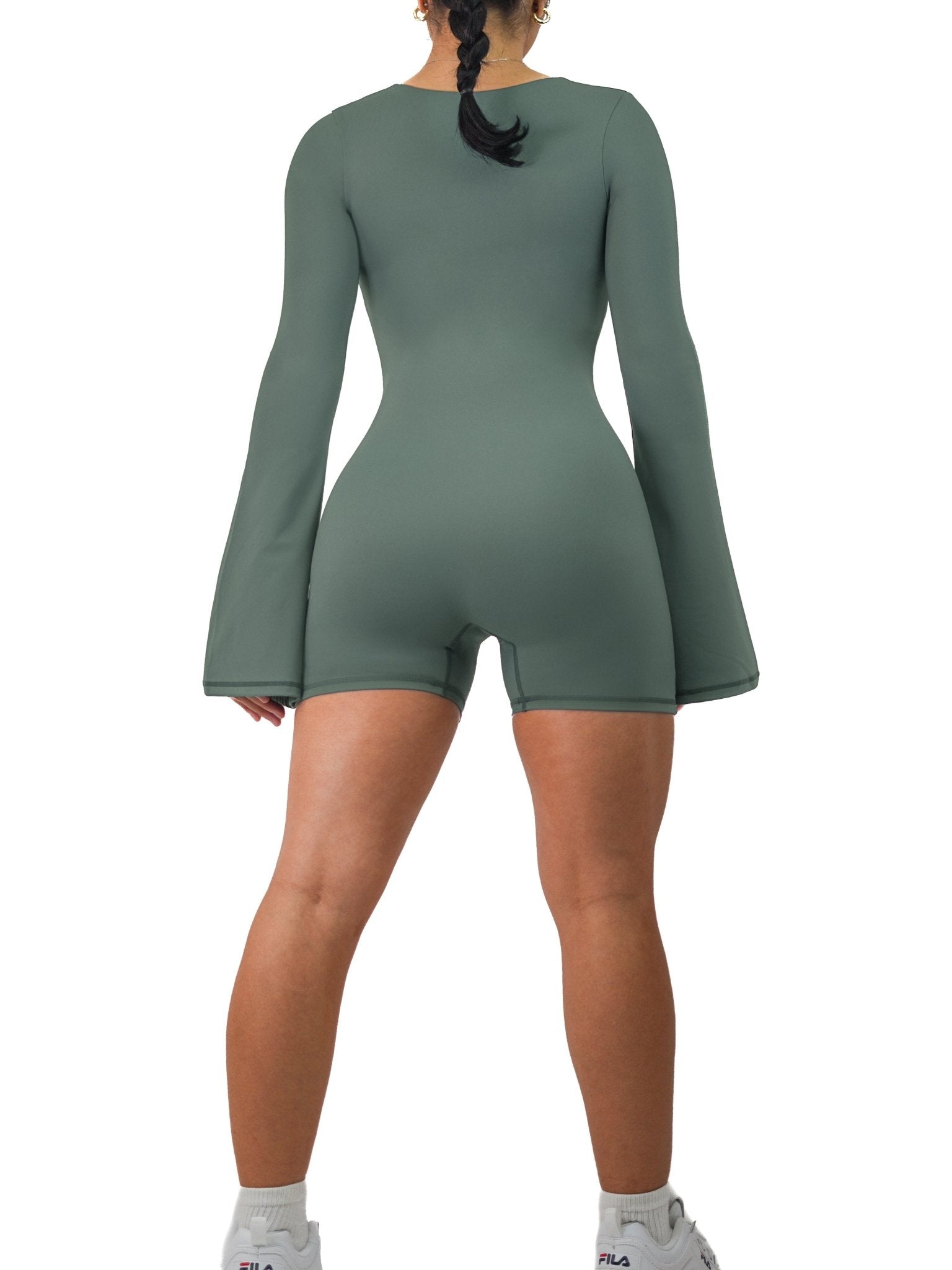 American Doll Flared Long Sleeve Short Romper (Stone Green) - Fitness Fashioness