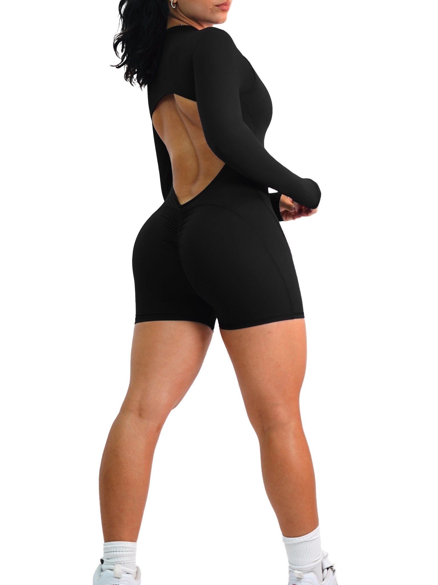 Backless Scrunch Long Sleeve Short Romper (Black) - Fitness Fashioness