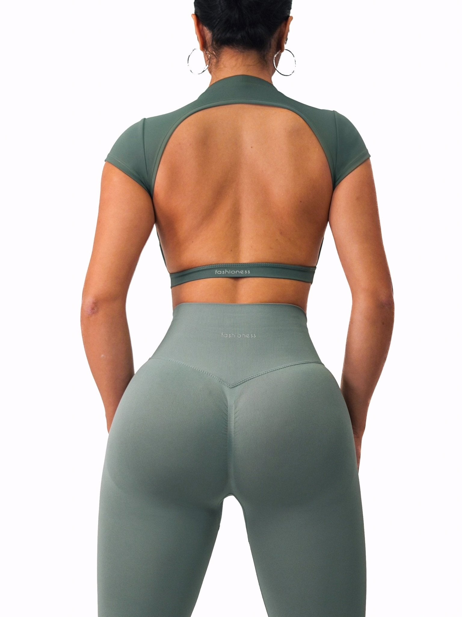 Backless Sports Top (Stone Green) - Fitness Fashioness