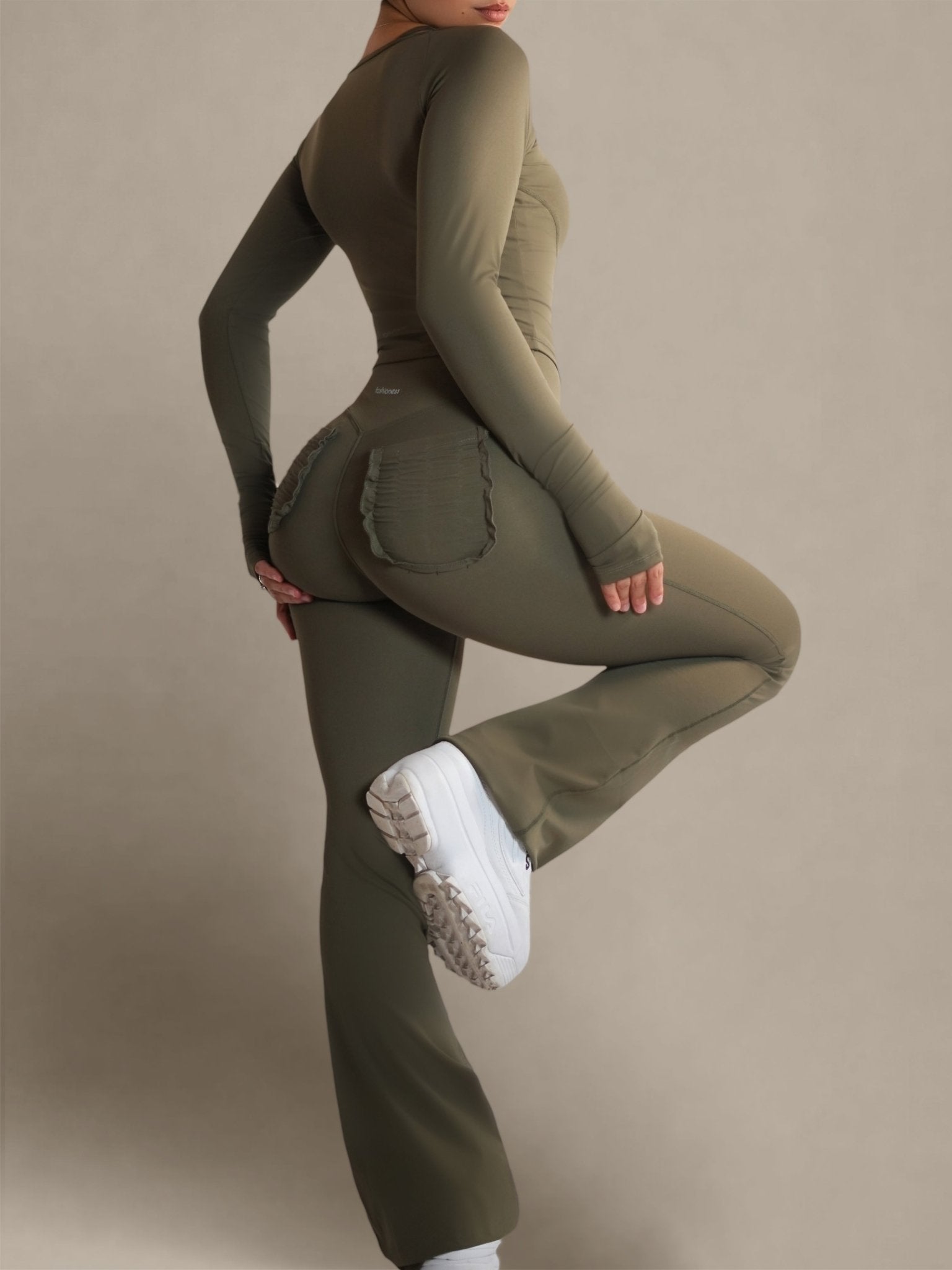 Bratty High Waisted Flare Leggings (Olive Green) - Fitness Fashioness