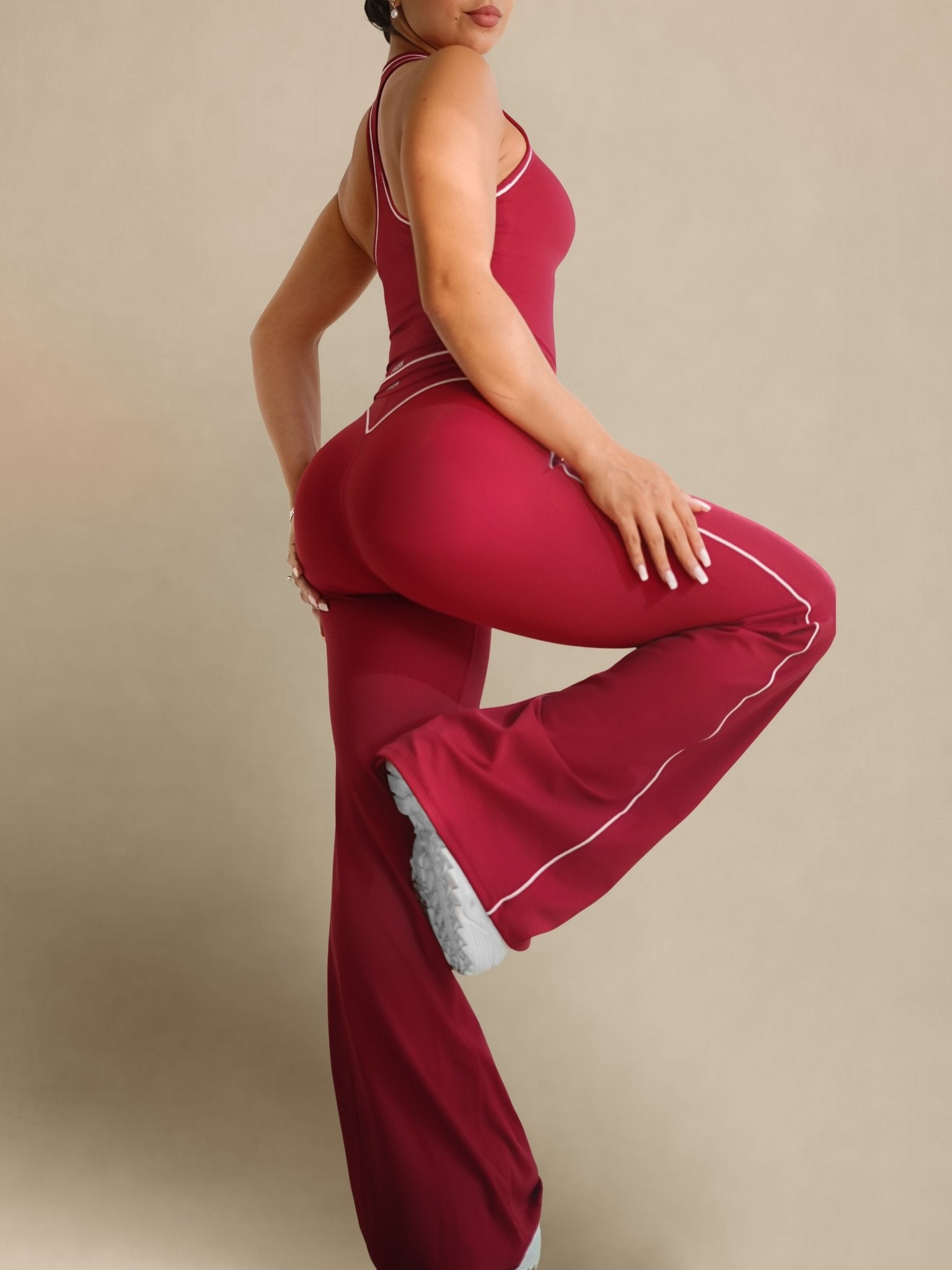 Core Contrast Flare Leggings (Cherry Rouge) - Fitness Fashioness