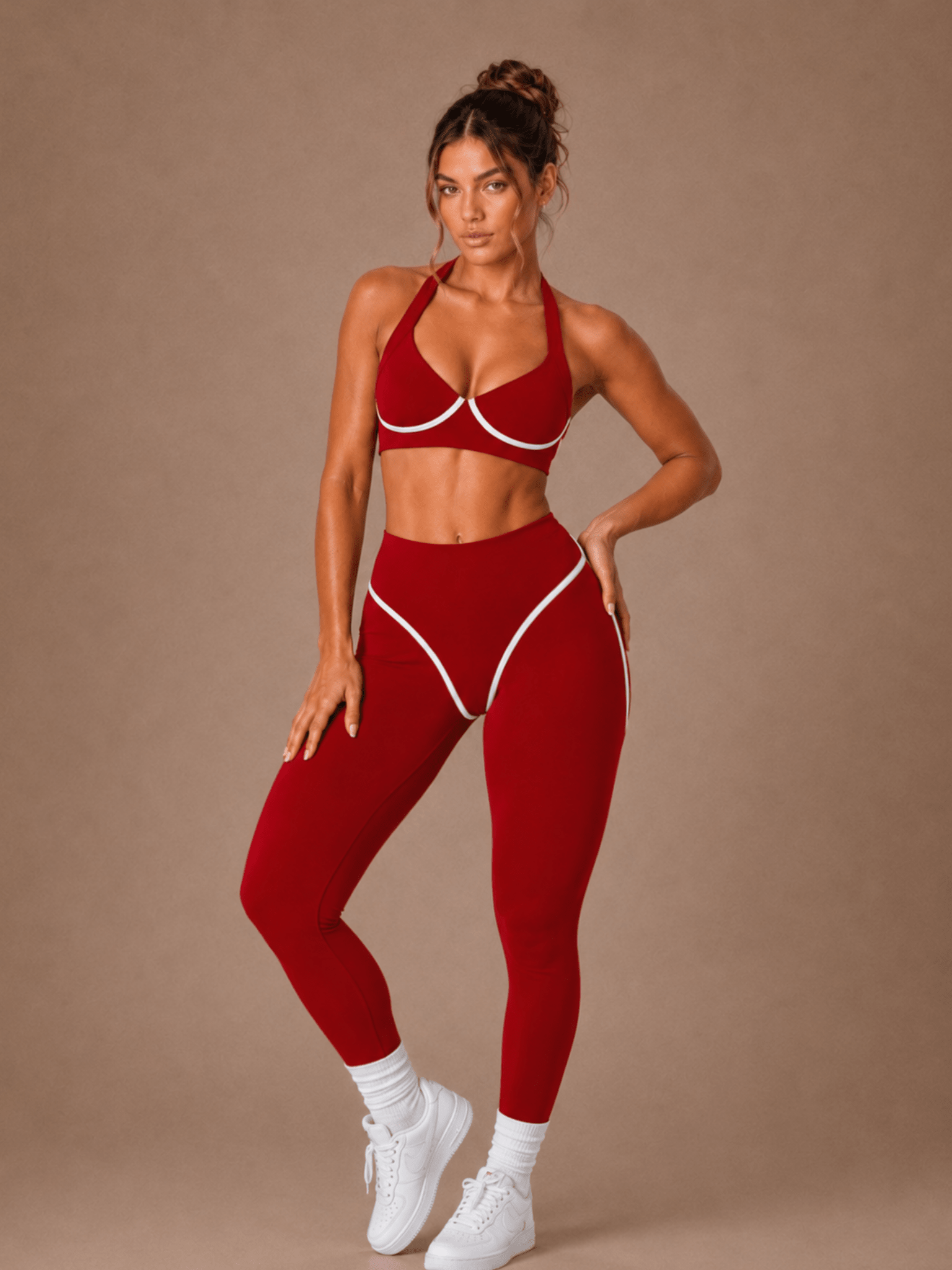Curve Contrast Leggings (Ruby Red) - Fitness Fashioness