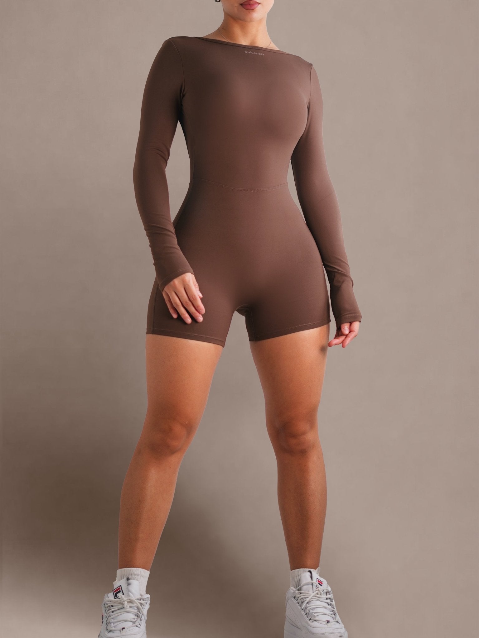 Dainty Backless Long Sleeve Romper (Smoky Brown) - Fitness Fashioness