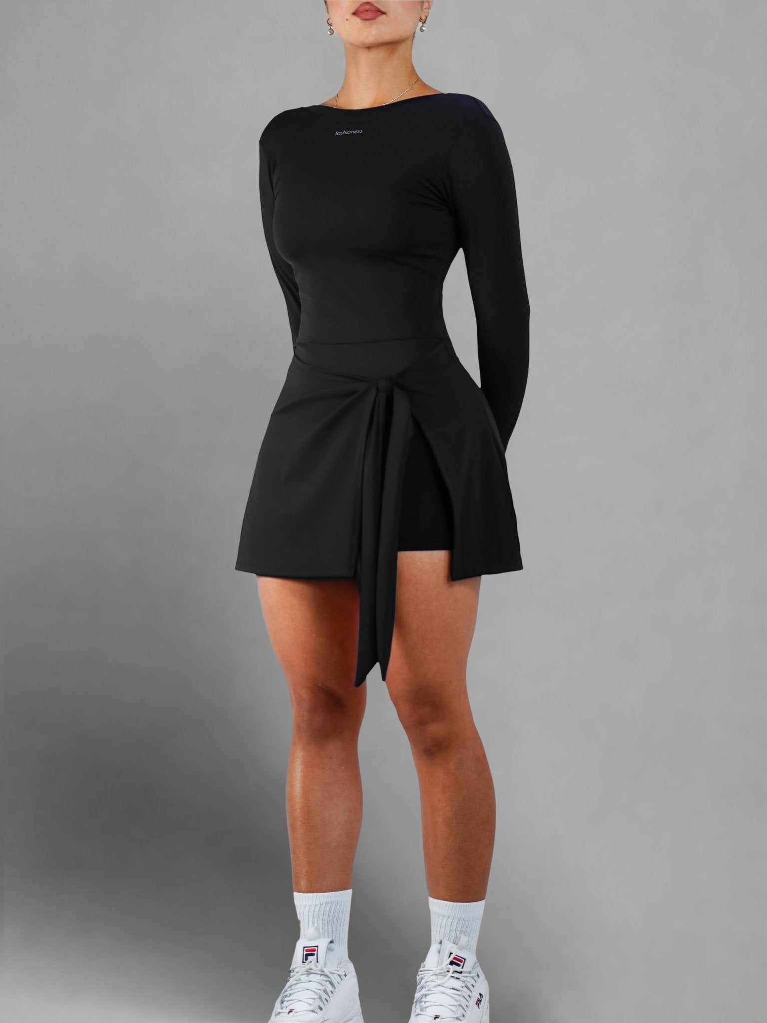 Dainty Tie - Up Long Sleeve Tennis Dress (Black) - Fitness Fashioness
