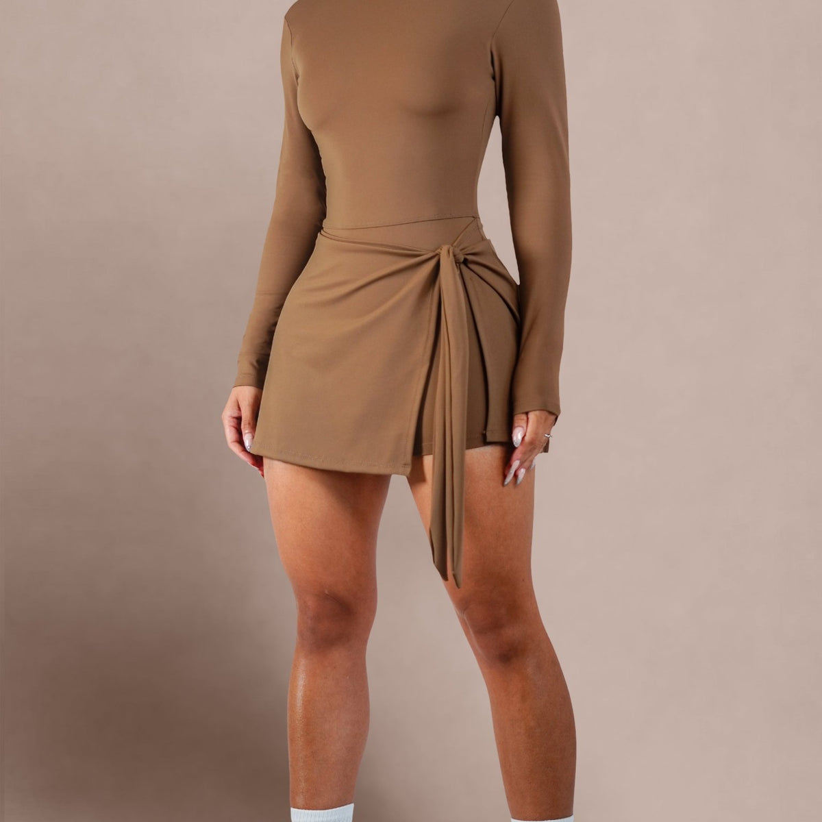 tennis dress brown Women's Long Sleeve Polo Active Dress, Brown, L
