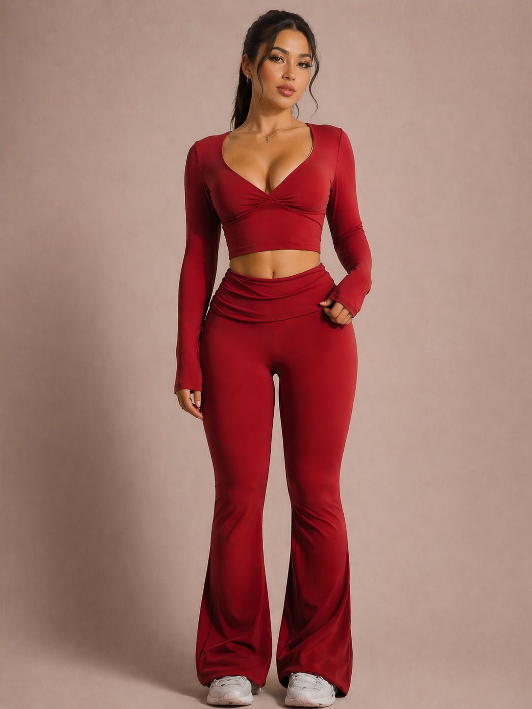 Effortless Foldable Flare Leggings (Hibiscus Red) - Fitness Fashioness