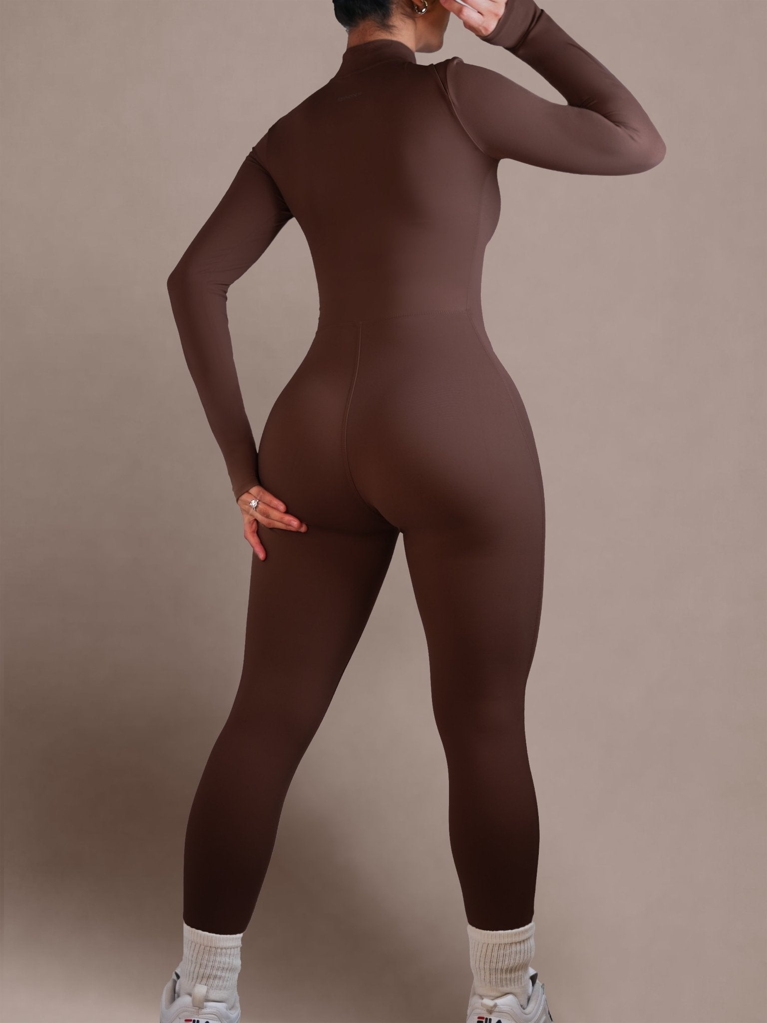 Endure Long Sleeve Zipper Jumpsuit (Espresso) - Fitness Fashioness