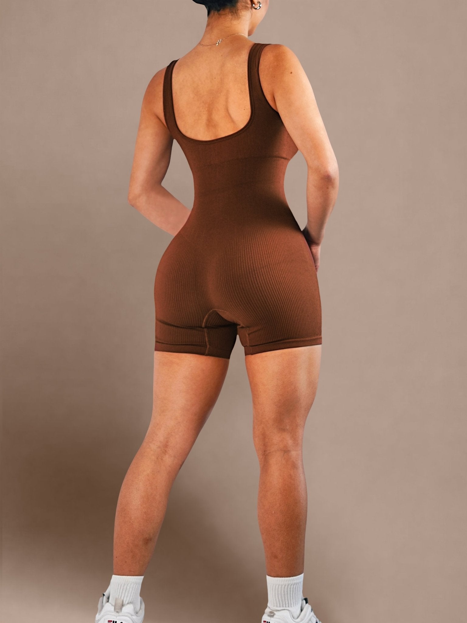 Hourglass Ribbed Short Romper (Hazel Brown) - Fitness Fashioness