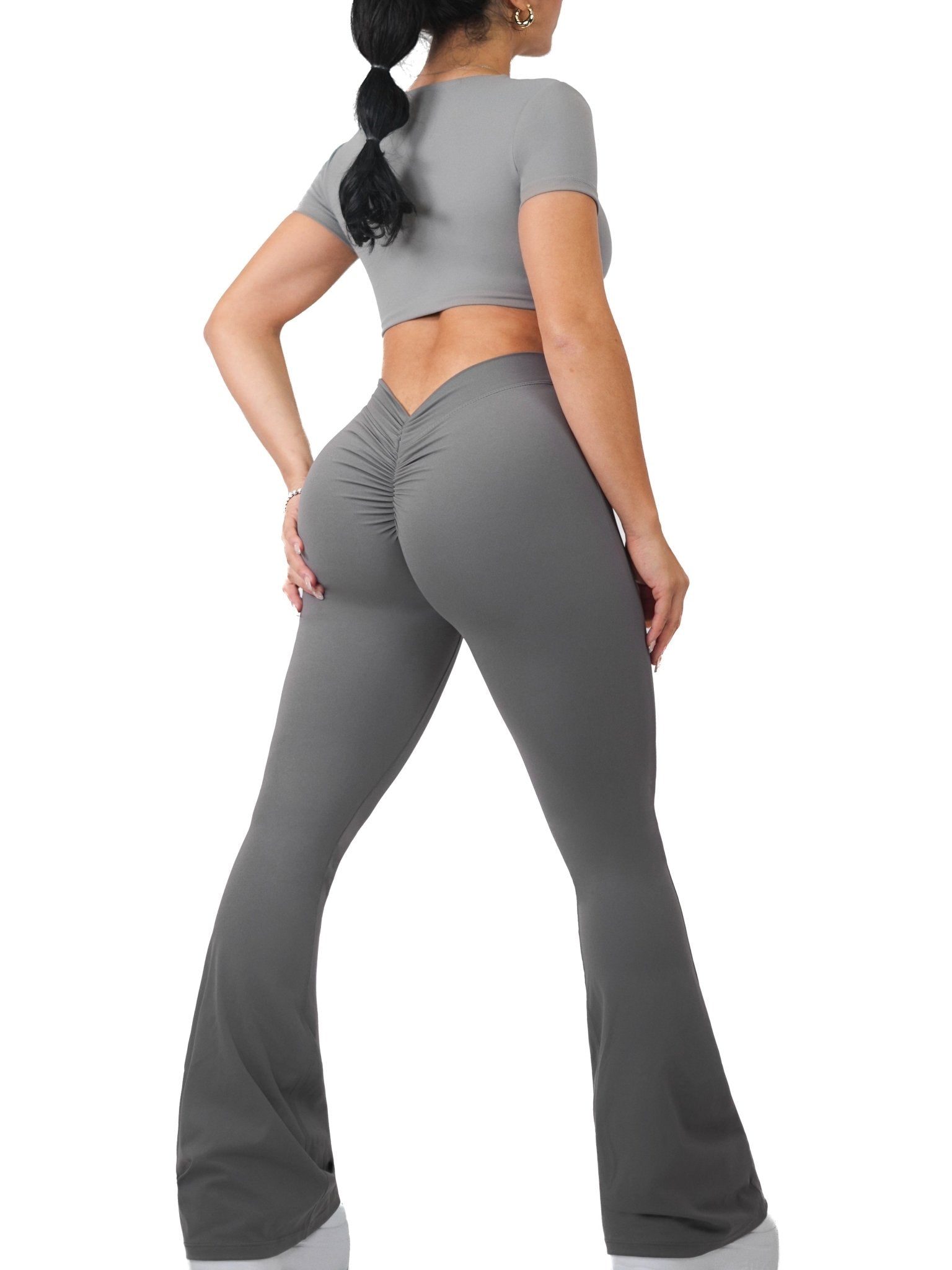 Low Back Scrunch Flare Leggings (Gray) - Fitness Fashioness