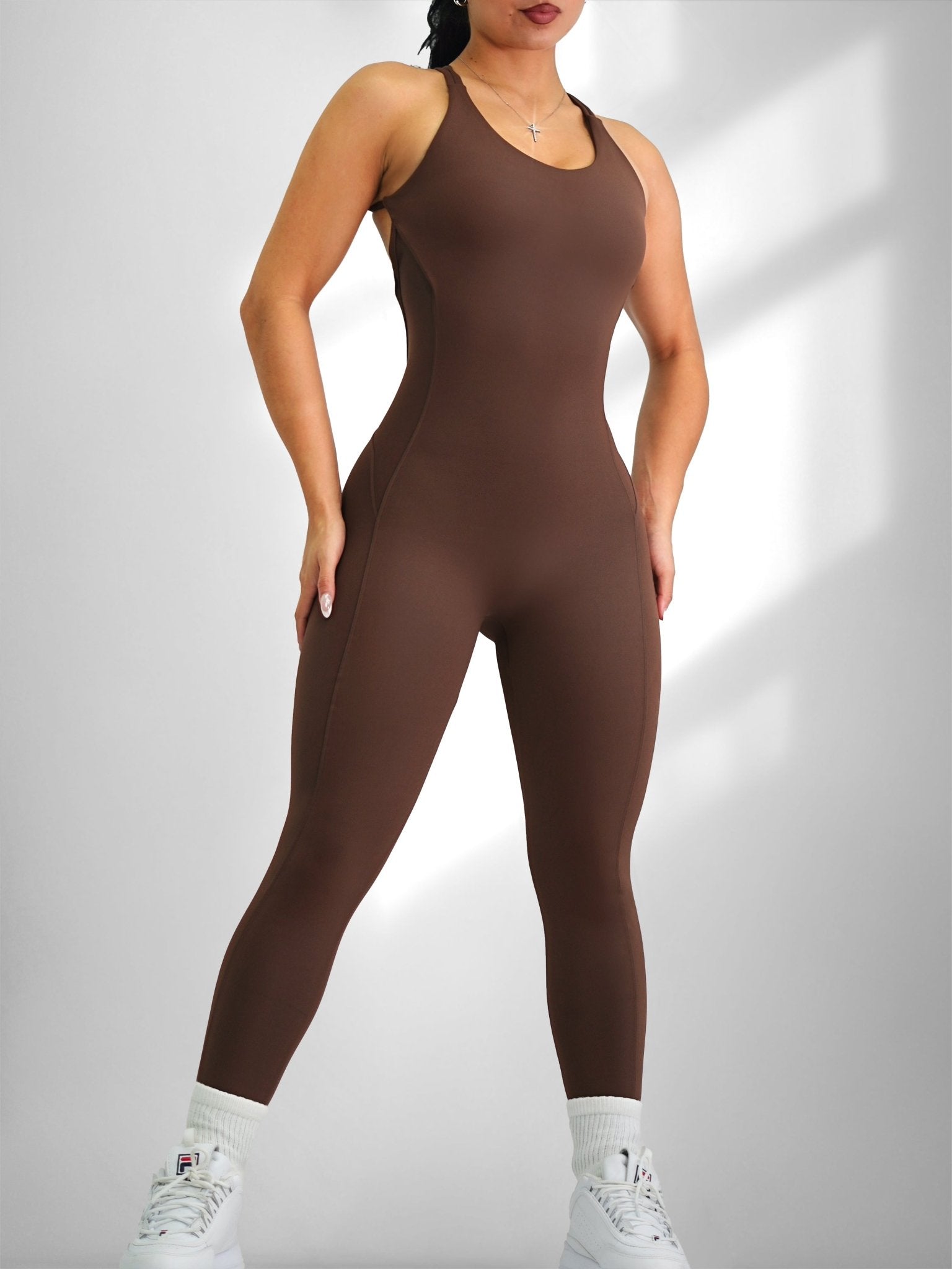 Low Back Scrunch Jumpsuit Romper (Brown Sugar) - Fitness Fashioness