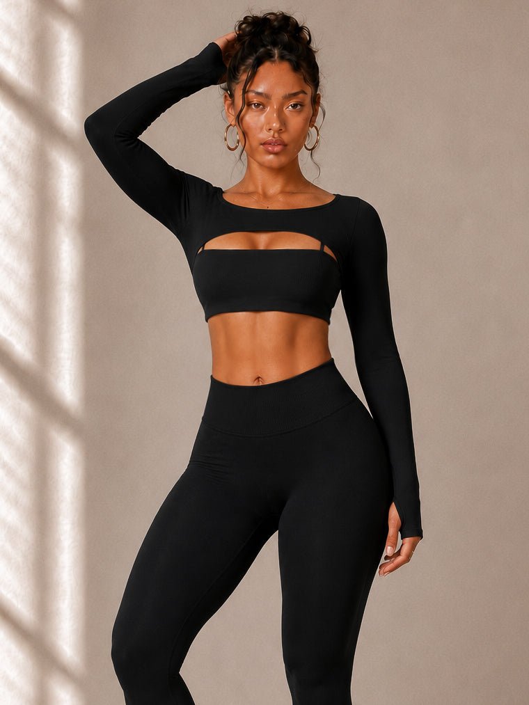 Motion Sculpt Mini Crop Long Sleeves (Black) - Fitness Fashioness