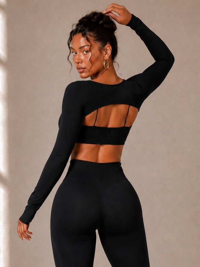 Motion Sculpt Mini Crop Long Sleeves (Black) - Fitness Fashioness