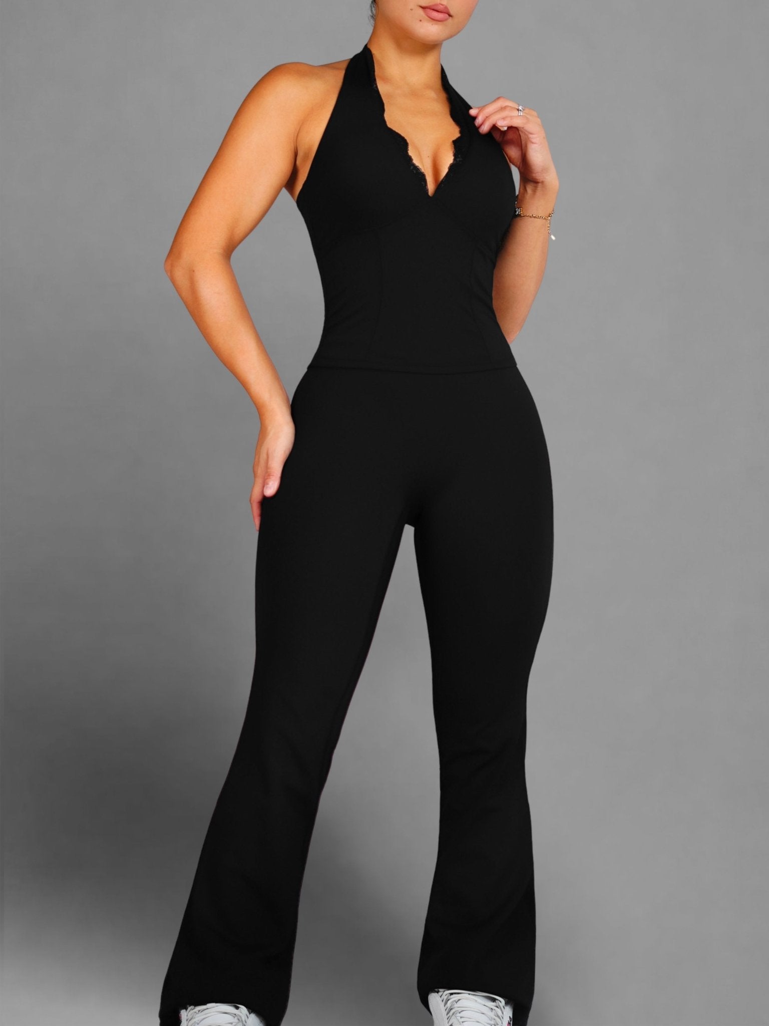 Muse Lace Flare Jumpsuit (Black) - Fitness Fashioness