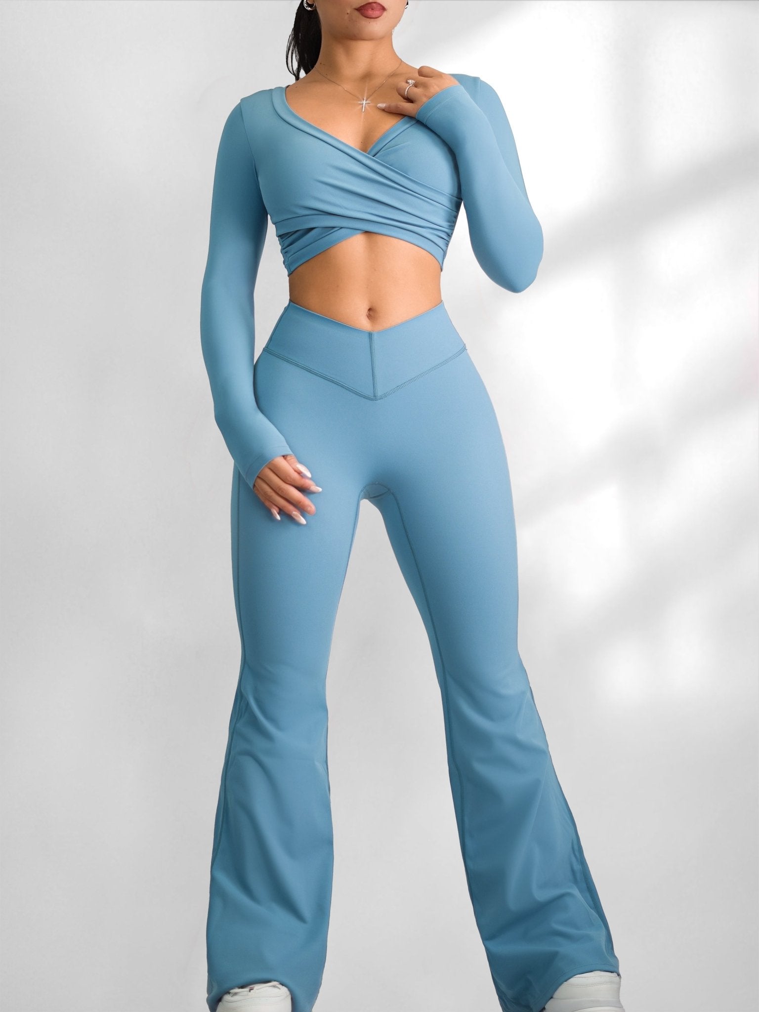 Pilates V Flare Leggings (Slate Blue) - Fitness Fashioness