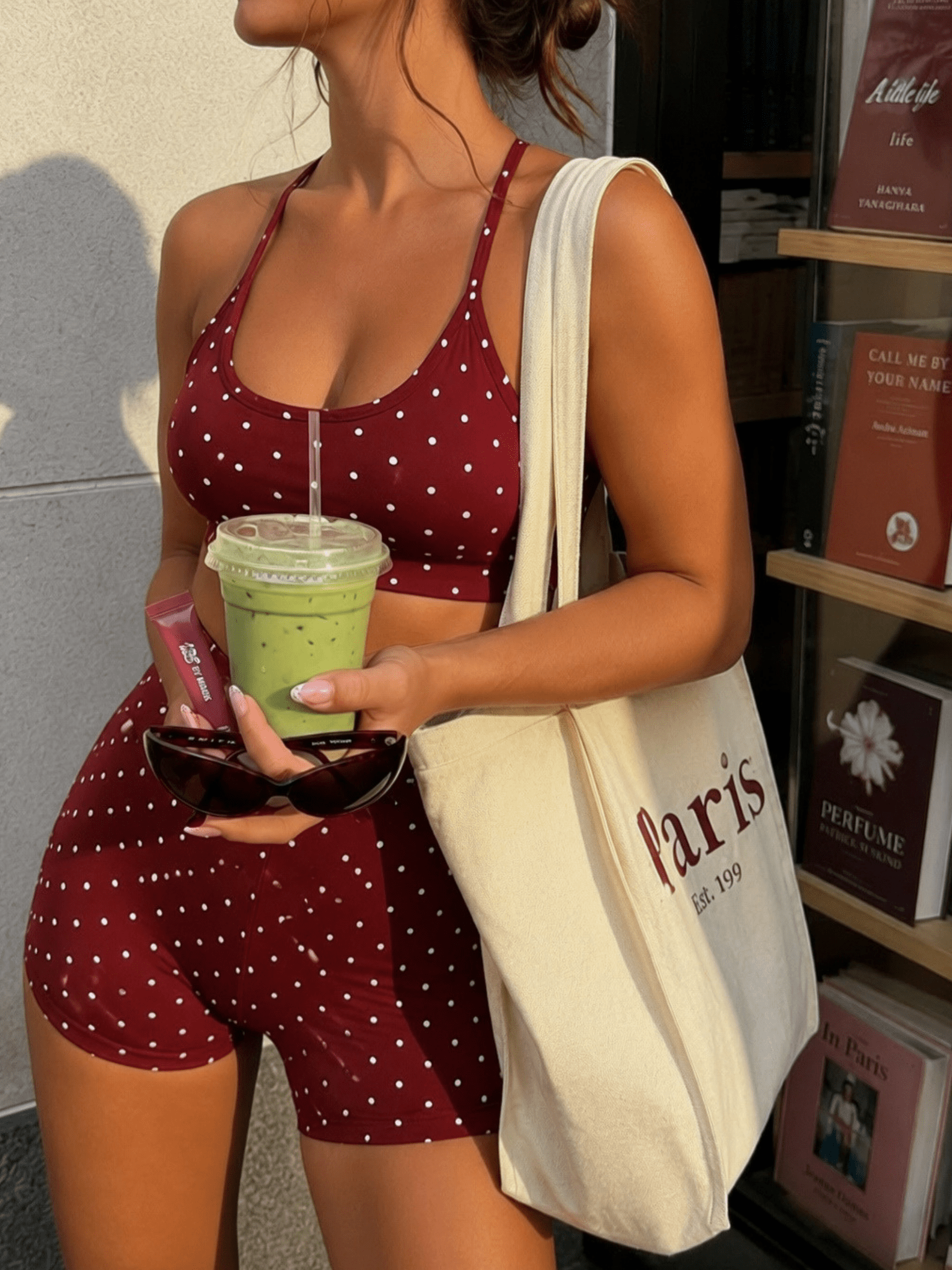 Polka Dot Print Sports Bra (Auburn Maroon) - Fitness Fashioness