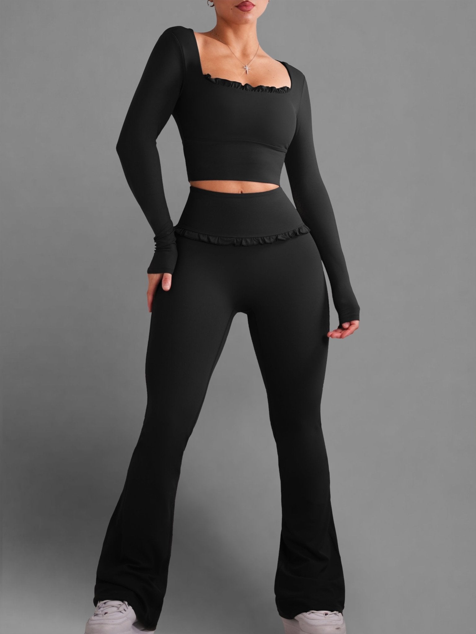 (PRE - ORDER) Ballet Ruffled Flare Leggings (Black) - Fitness Fashioness