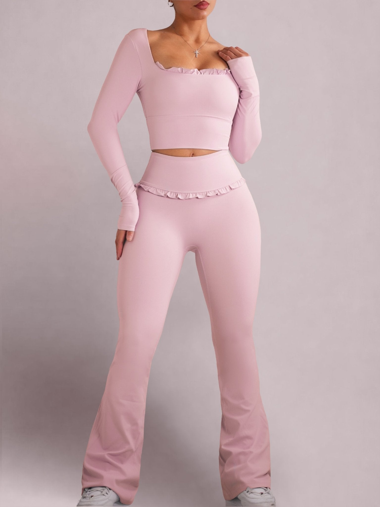 (PRE - ORDER) Ballet Ruffled Flare Leggings (Blush Pink) - Fitness Fashioness