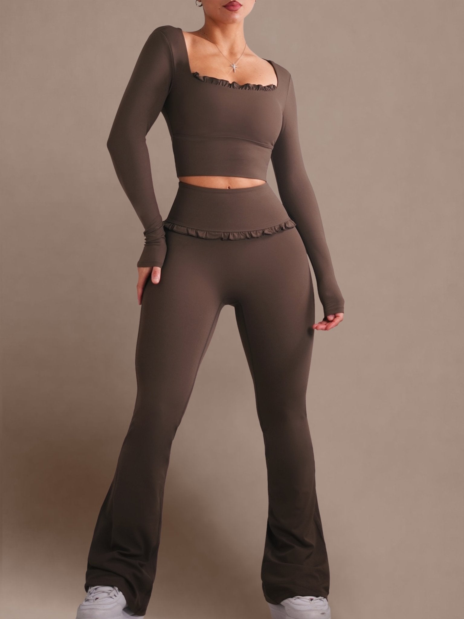 (PRE - ORDER) Ballet Ruffled Flare Leggings (Espresso) - Fitness Fashioness
