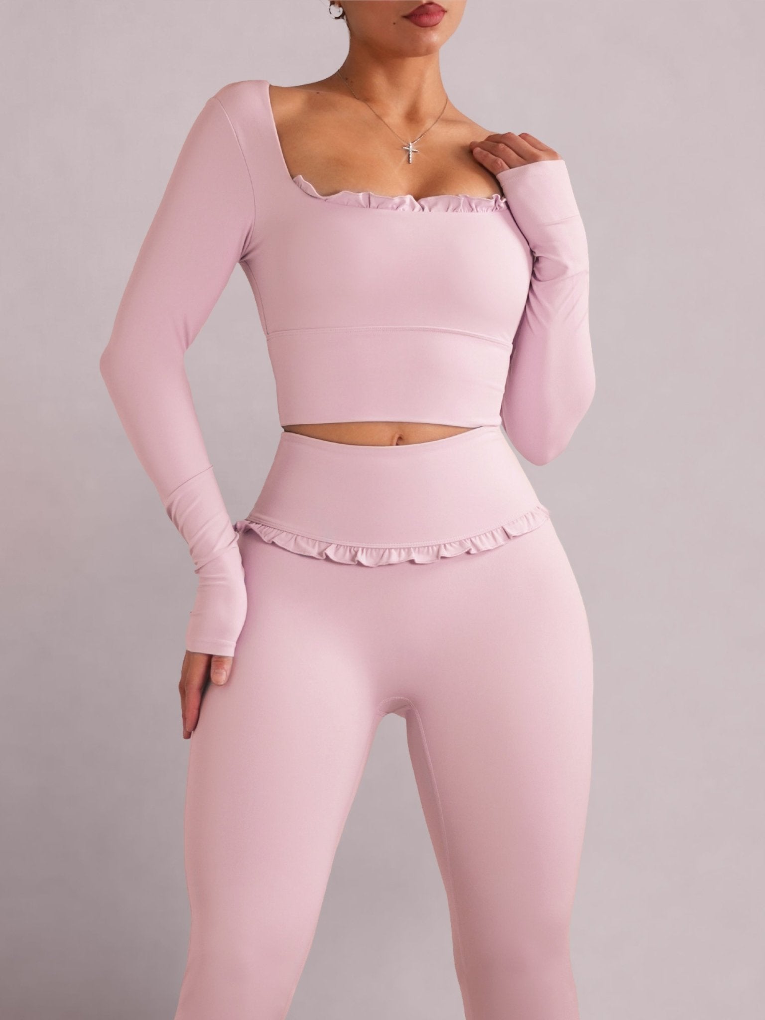 (PRE - ORDER) Ballet Ruffled Long Sleeve Sports Top (Blush Pink) - Fitness Fashioness