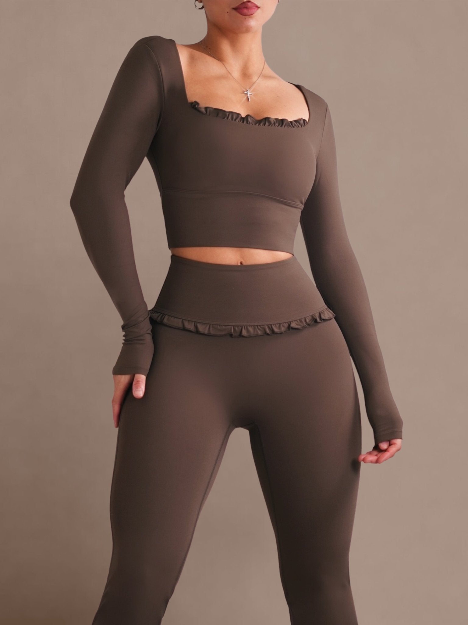 (PRE - ORDER) Ballet Ruffled Long Sleeve Sports Top (Espresso) - Fitness Fashioness