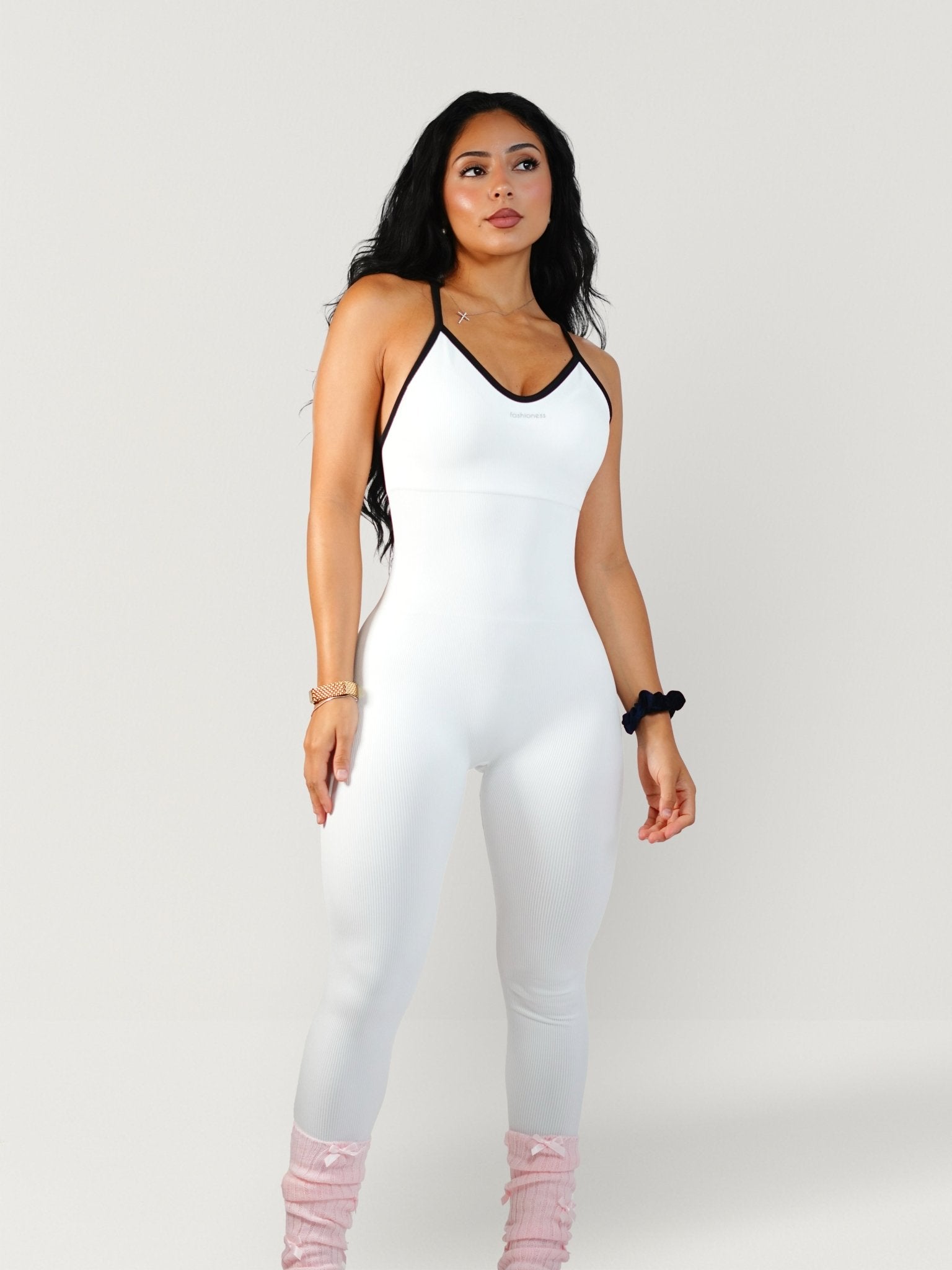 Ribbed Polly Jumpsuit (White) - Fitness Fashioness