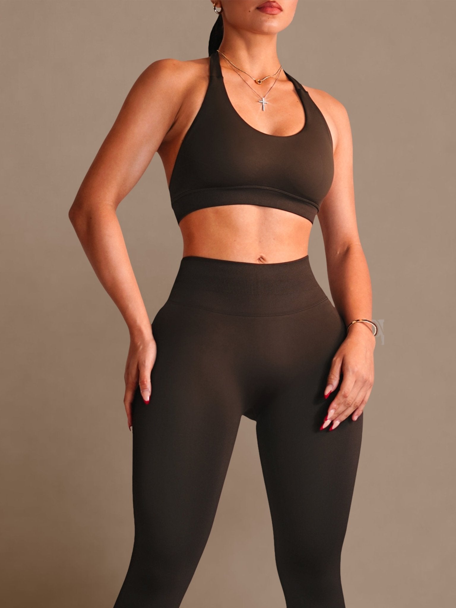 Sculpt Society Halter Sports Bra (Dark Chocolate) - Fitness Fashioness