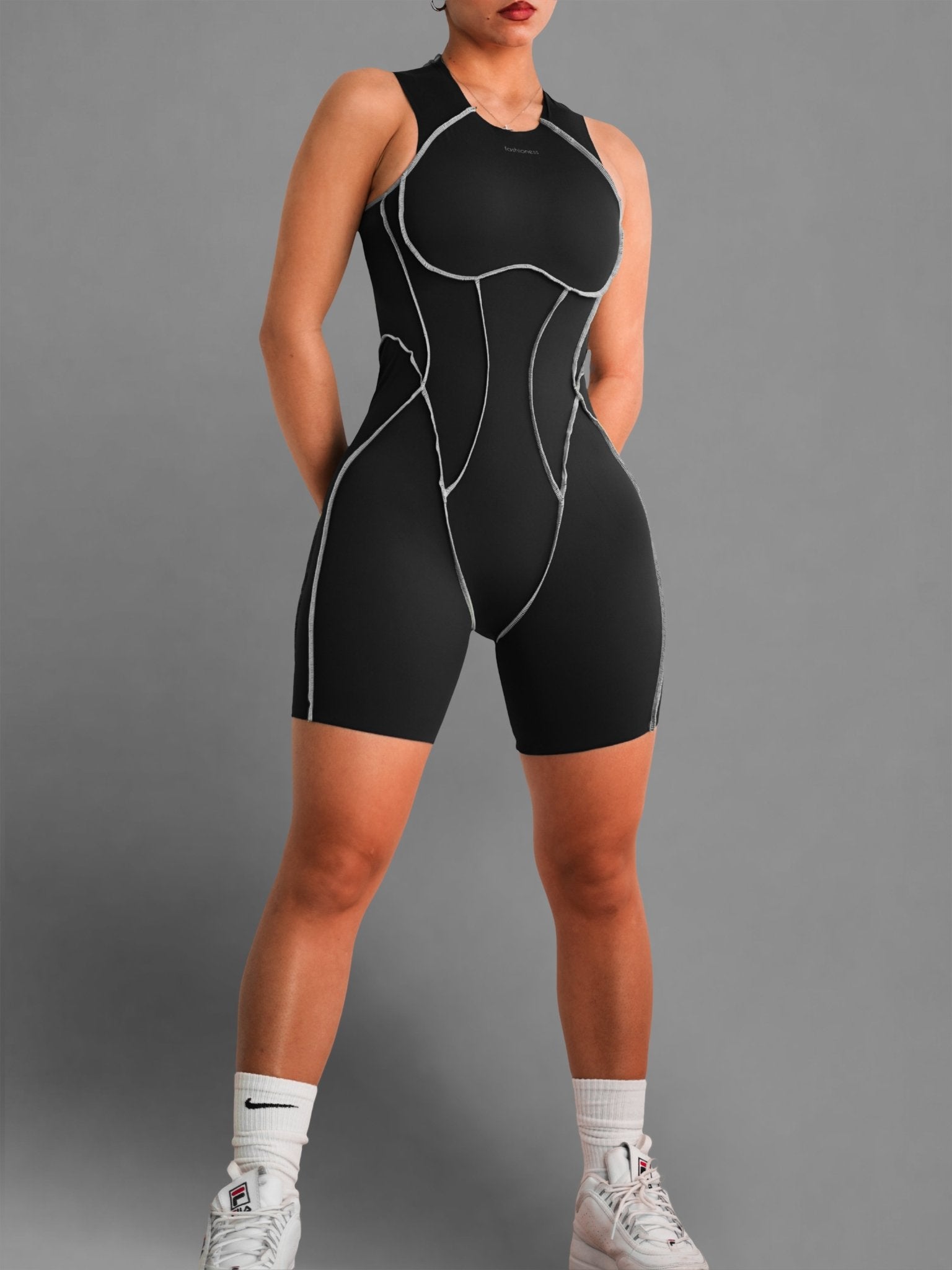 Seam Sculpt Backless Romper (Black) - Fitness Fashioness
