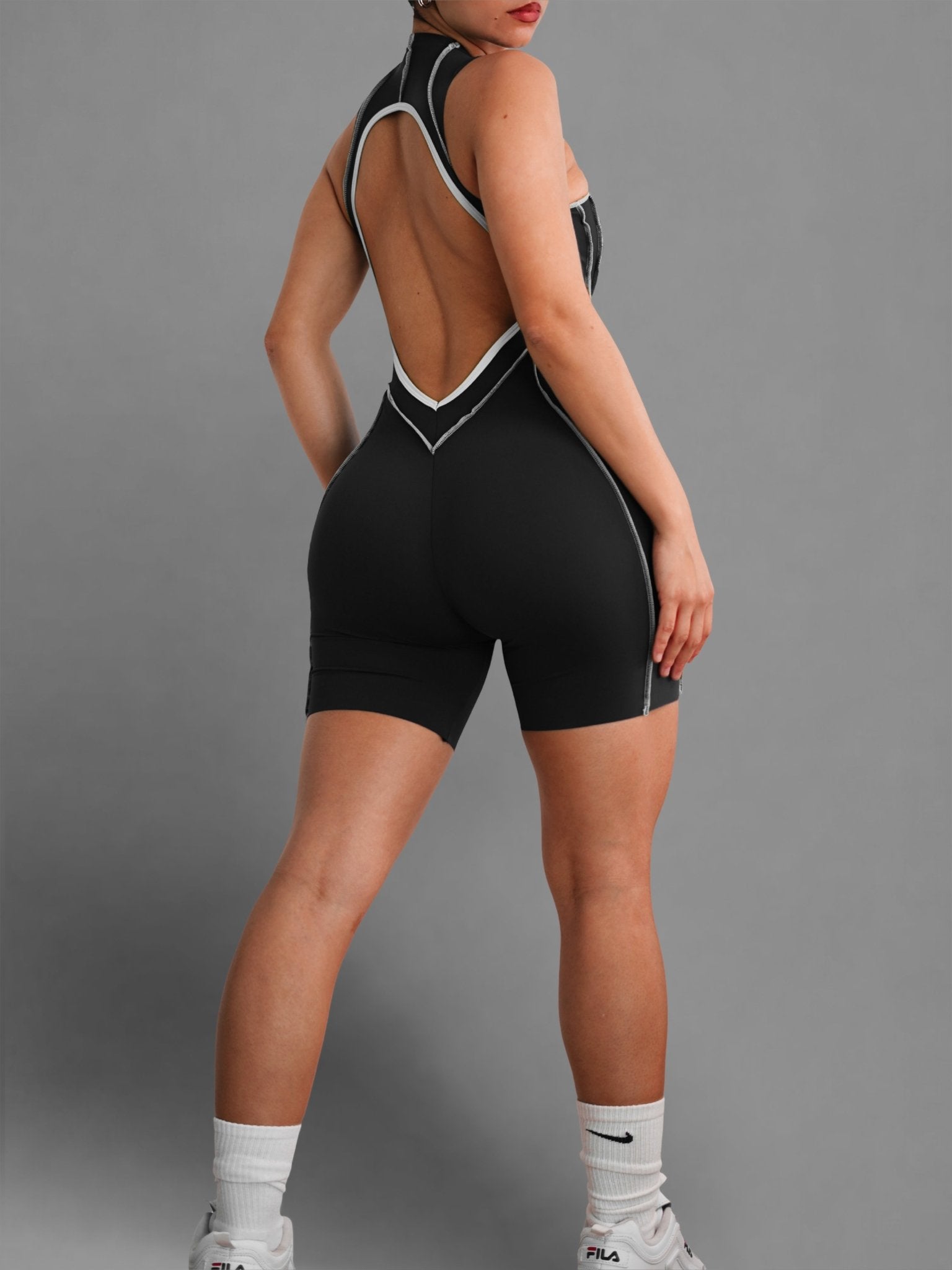 Seam Sculpt Backless Romper (Black) - Fitness Fashioness