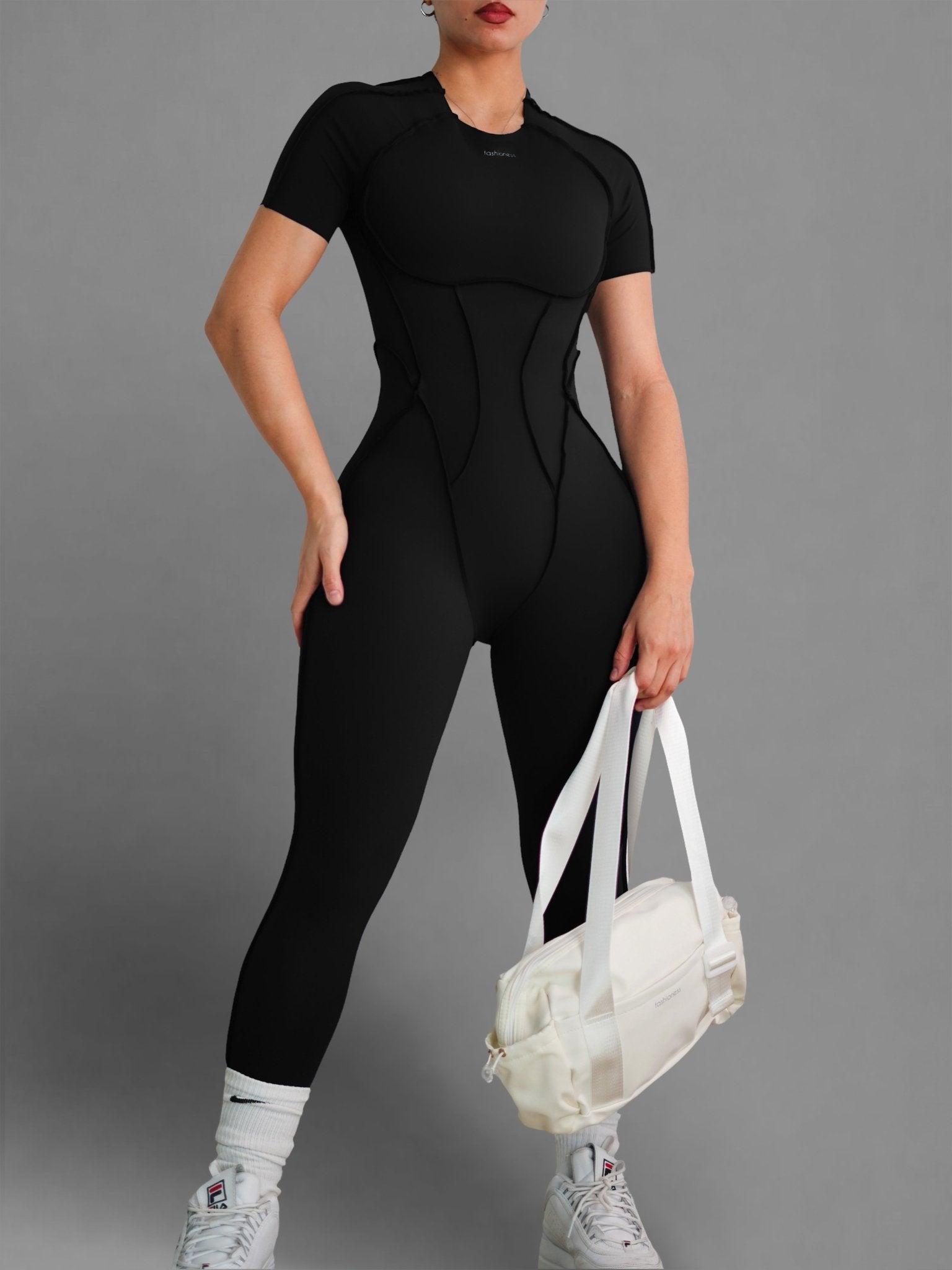 Seam Sculpt Backless Short Sleeve Jumpsuit (Black) - Fitness Fashioness