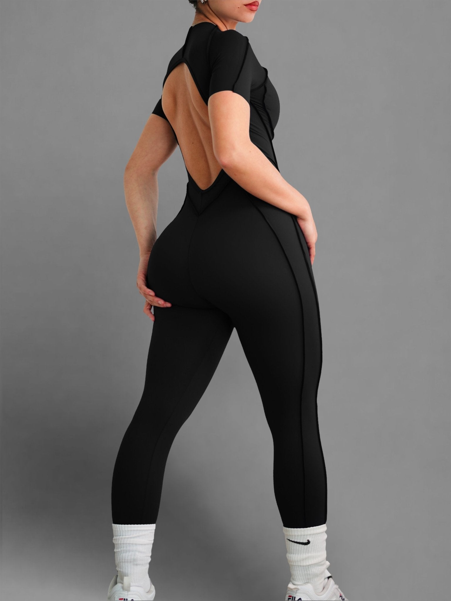 Seam Sculpt Backless Short Sleeve Jumpsuit (Black) - Fitness Fashioness