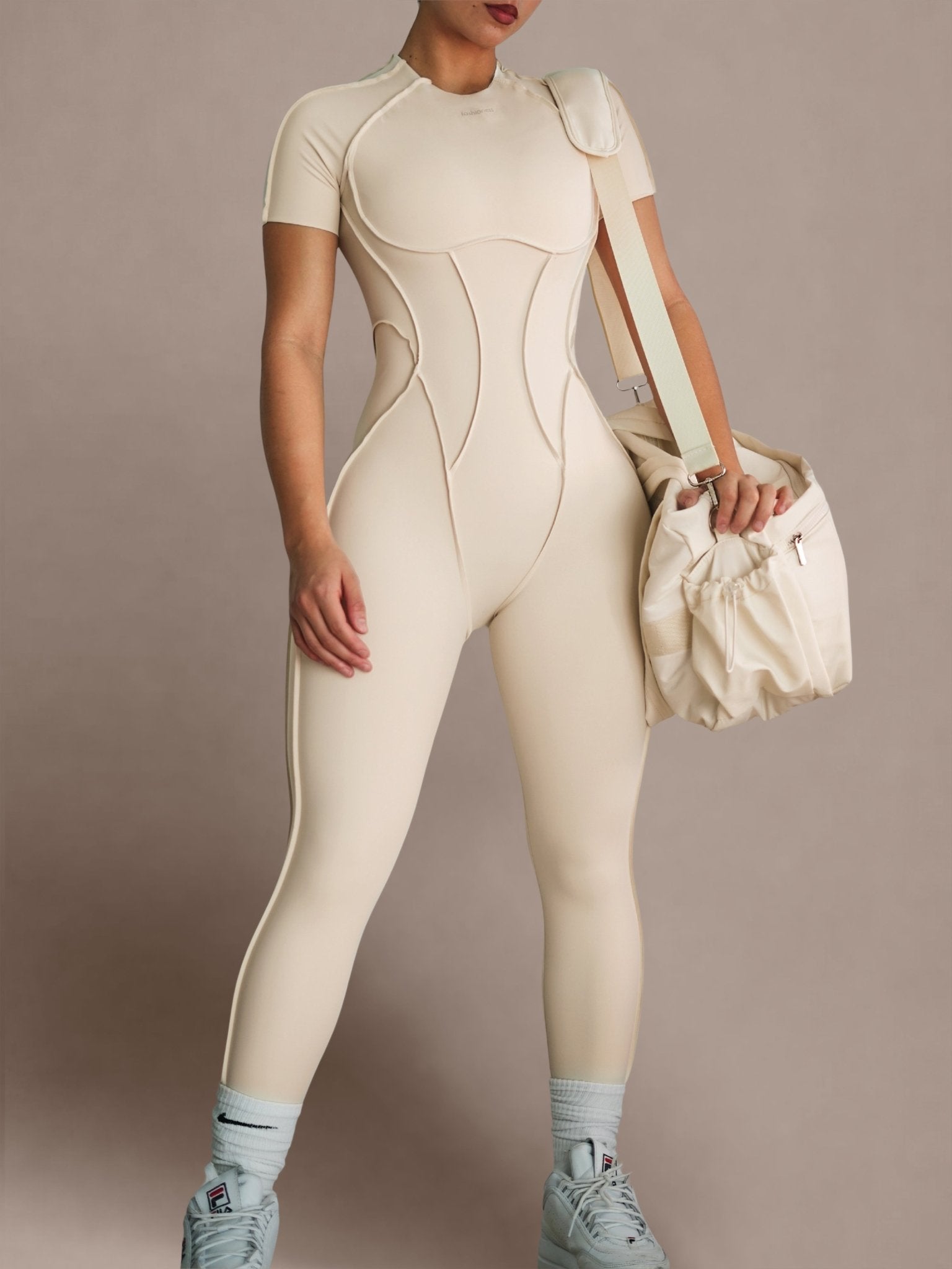 Seam Sculpt Backless Short Sleeve Jumpsuit (Buttercream) - Fitness Fashioness