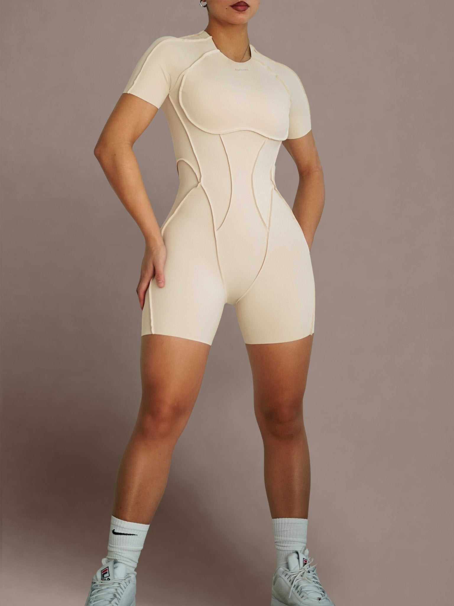 Seam Sculpt Backless Short Sleeve Romper (Buttercream) - Fitness Fashioness