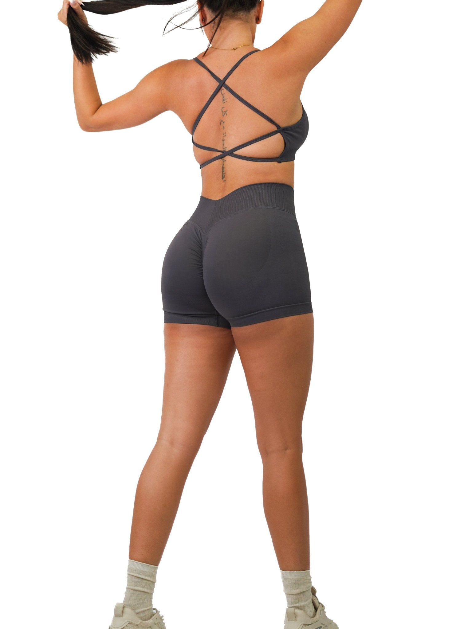 Seamless V Back Booty Shorts (Charcoal) - Fitness Fashioness