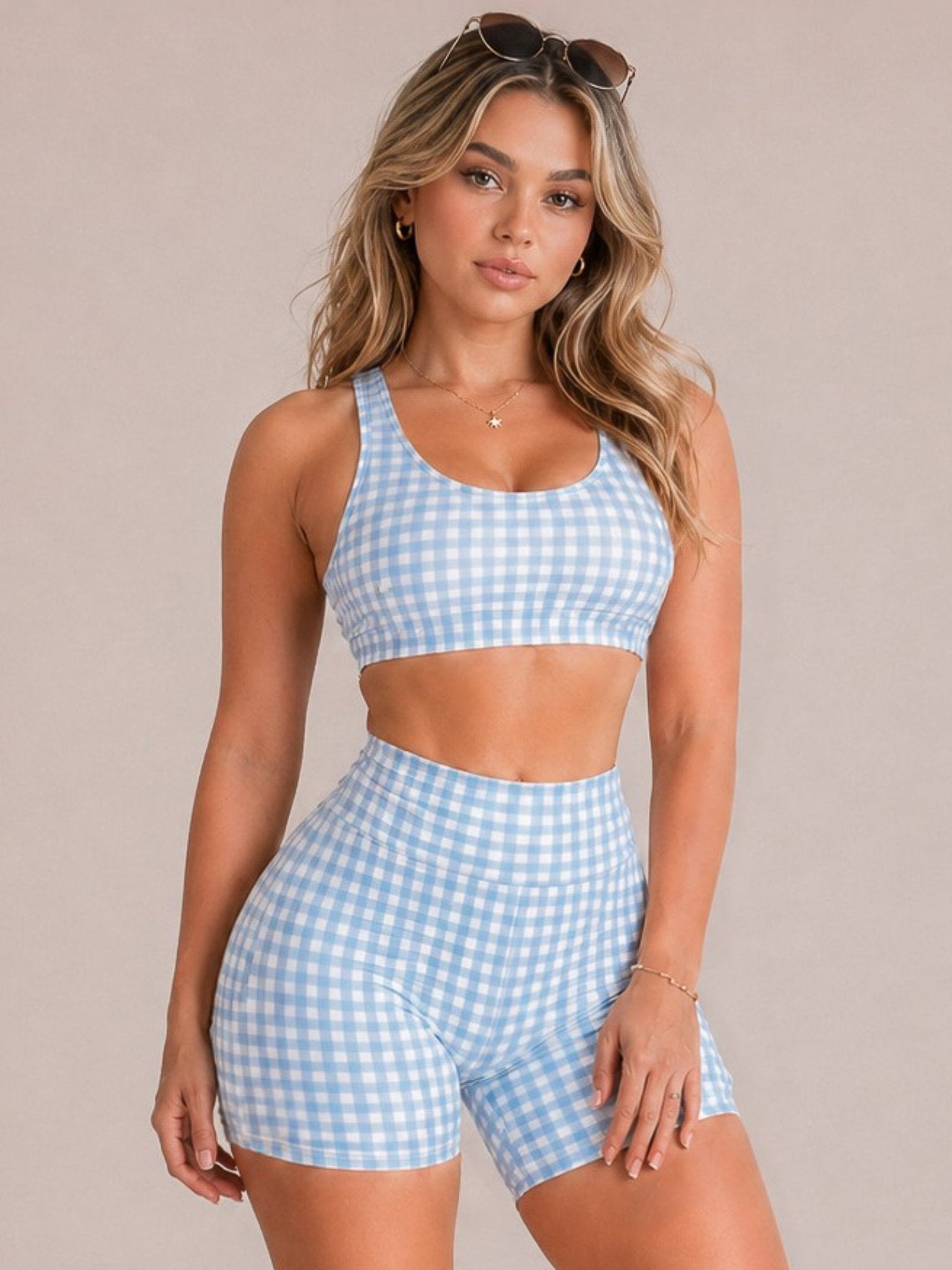 Shortcake Gingham Sports Bra (Checkered Blue) - Fitness Fashioness