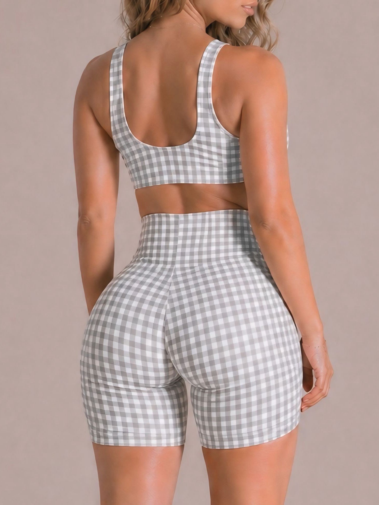 Shortcake Gingham Sports Bra (Checkered Gray) - Fitness Fashioness