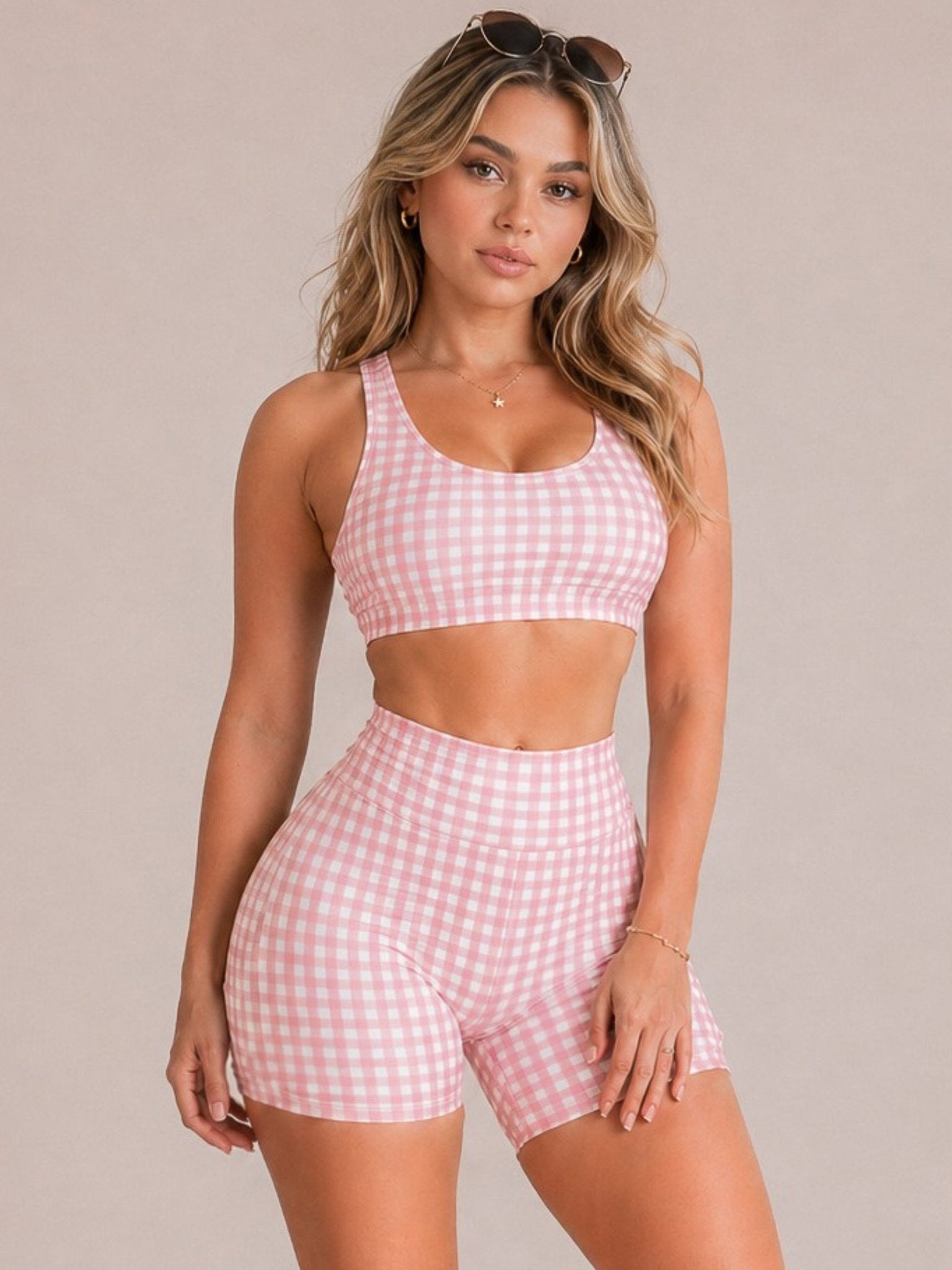 Shortcake Gingham Sports Bra (Checkered Pink) - Fitness Fashioness