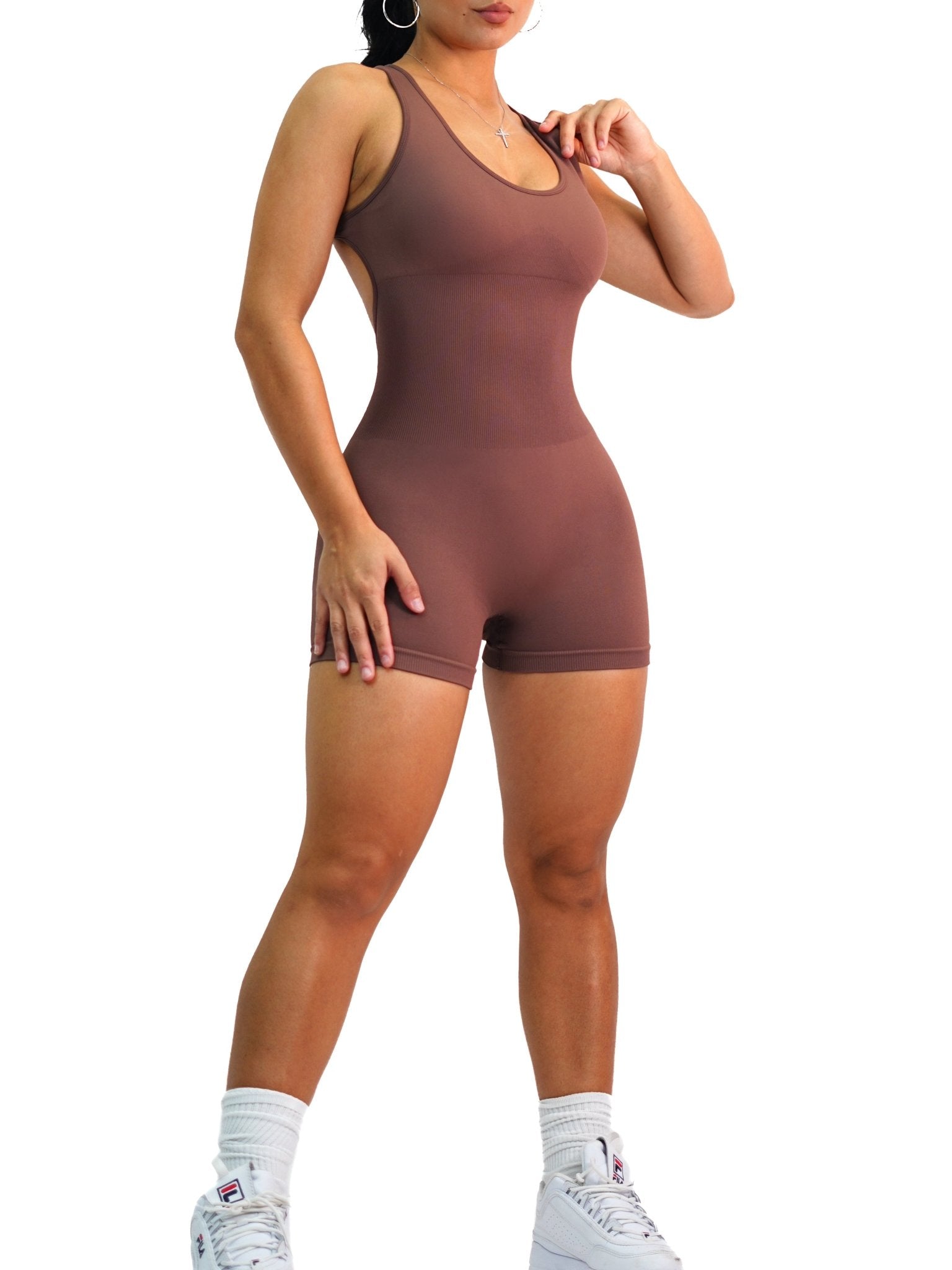 Snatch Me Open Back Short Romper (Brown) - Fitness Fashioness
