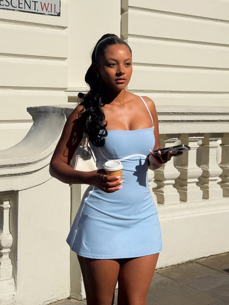 baby blue tennis dress Starlit Mini (Powder Blue) Sleeve Type:BARDOT & OFF THE SHOULDER fabric dress—TechSweat on the Zolique Plunging Neck Batwing Taglia:38