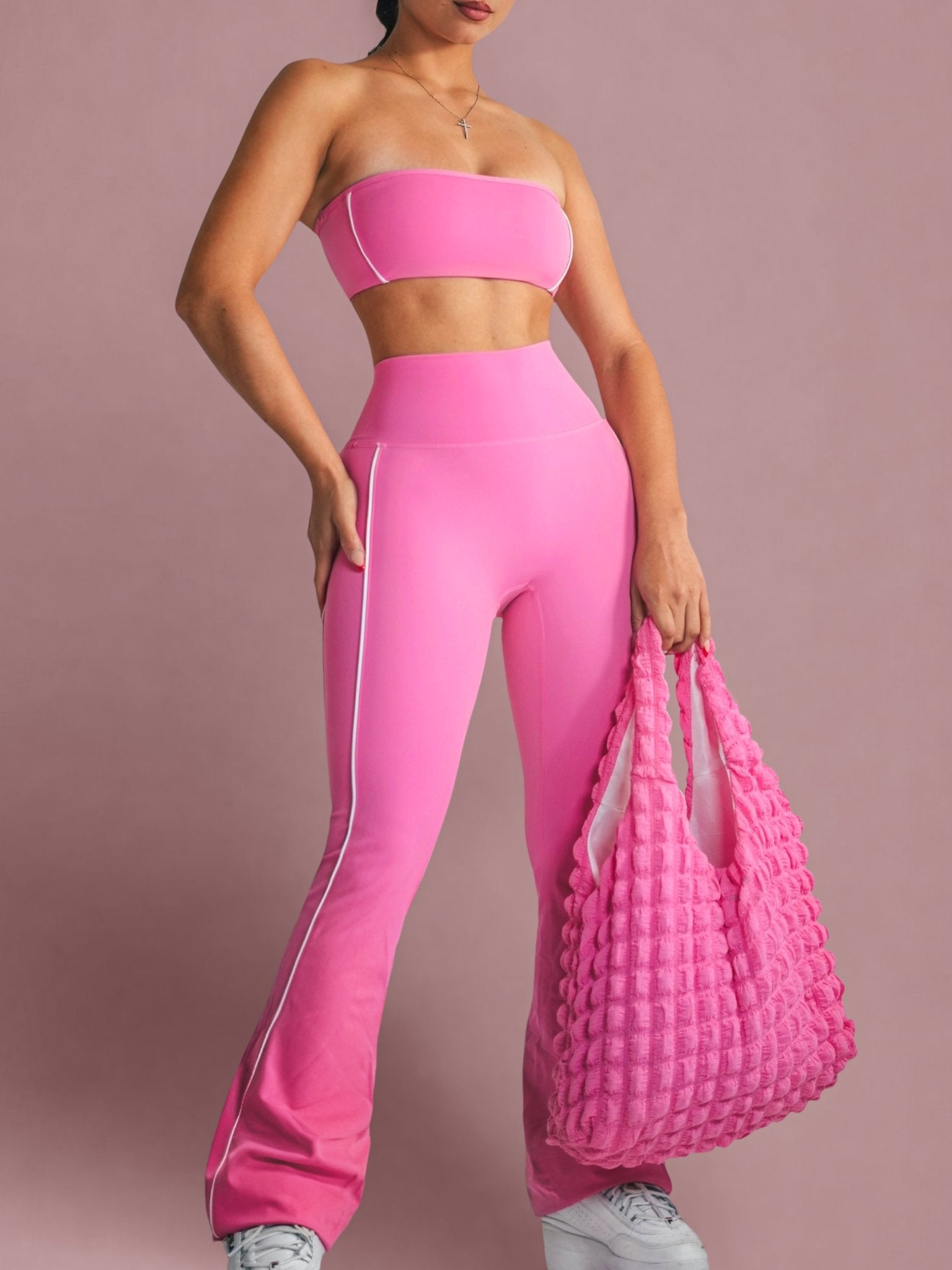 Velour Contrast Flare Leggings (Pink Tulip) - Fitness Fashioness